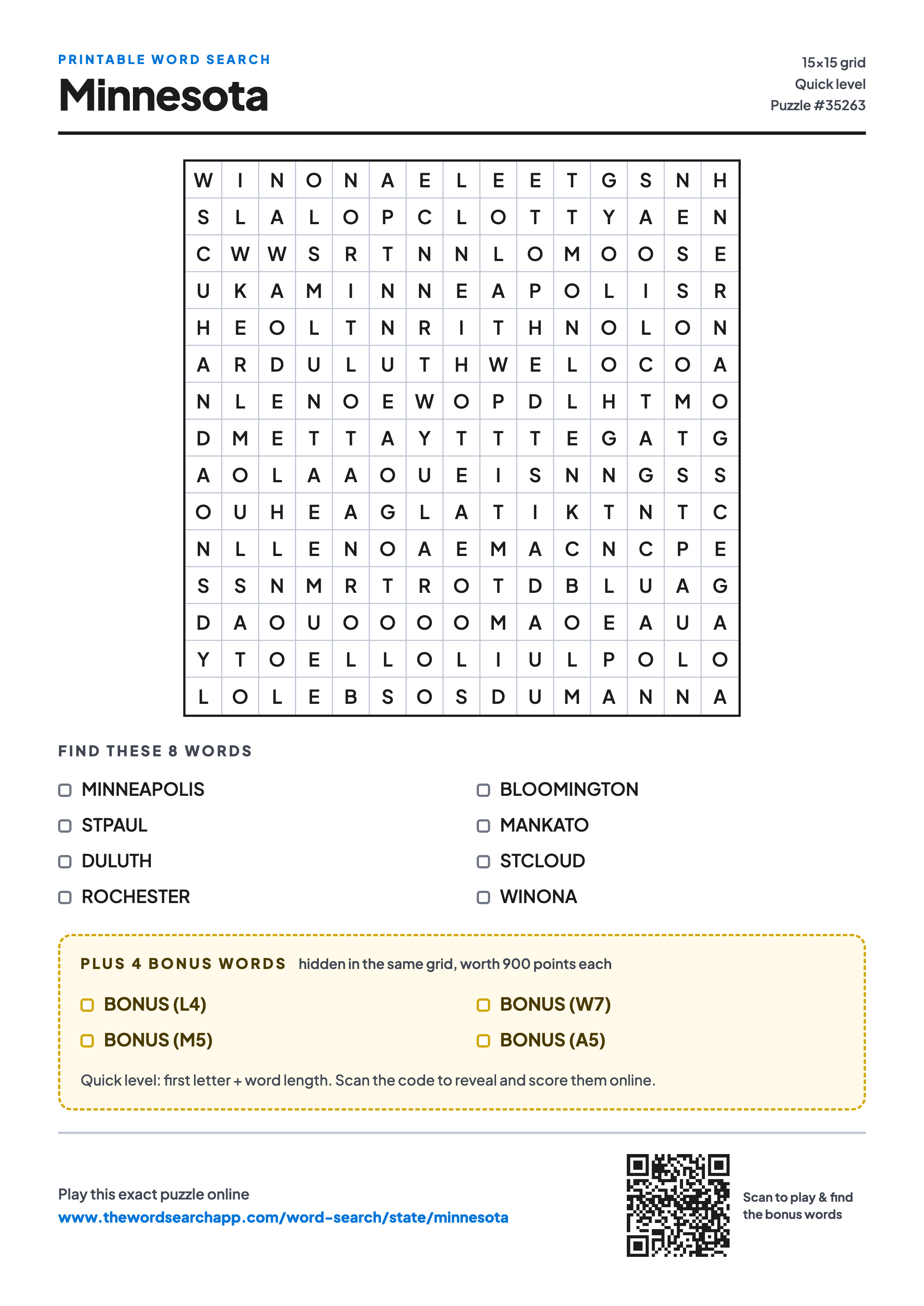 Printable Minnesota word search — 15×15 letter grid with 8 words to find including MINNEAPOLIS, STPAUL, DULUTH, plus 4 hidden bonus words