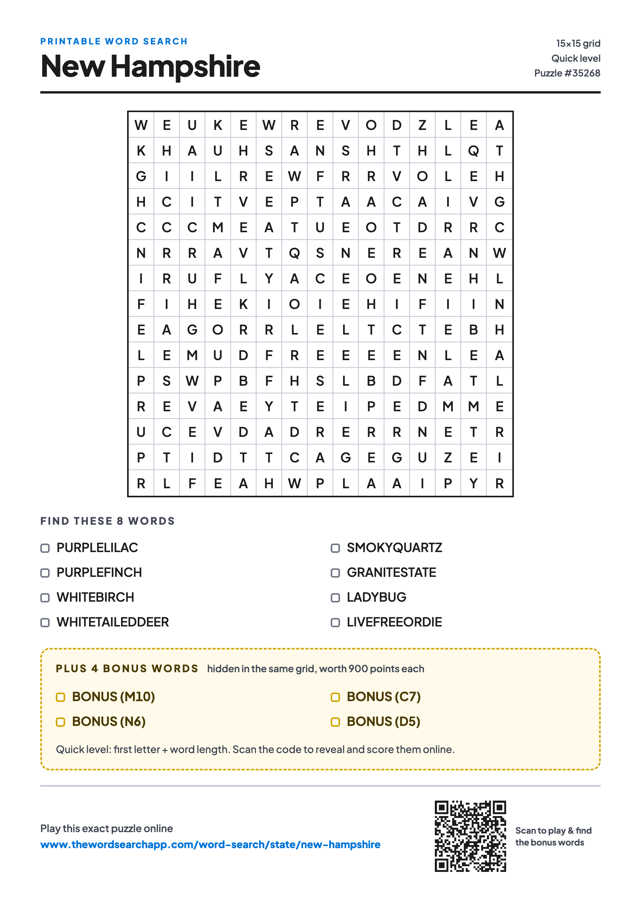 Printable New Hampshire word search — 15×15 letter grid with 8 words to find including PURPLELILAC, PURPLEFINCH, WHITEBIRCH, plus 4 hidden bonus words