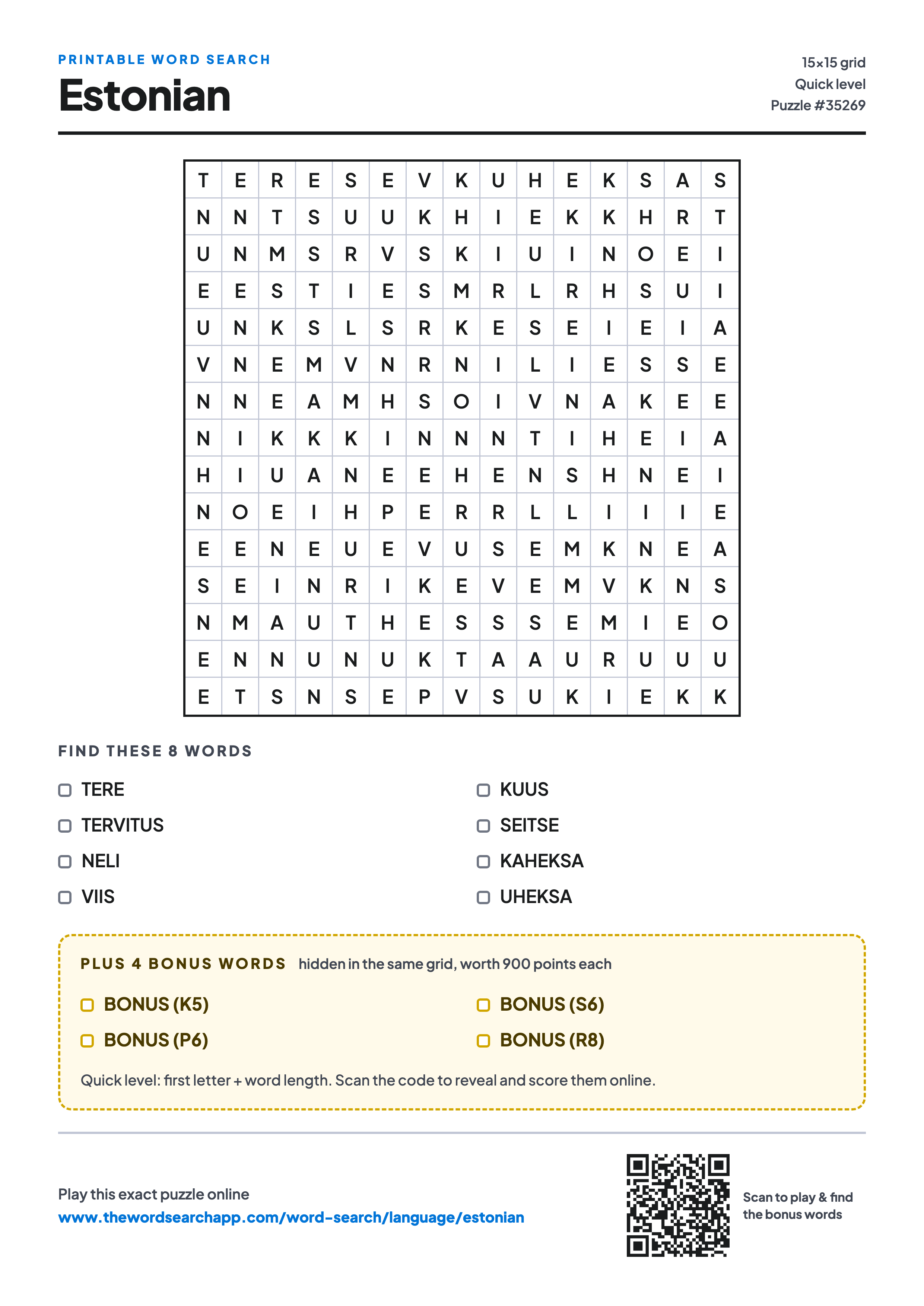 Printable Estonian word search — 15×15 letter grid with 8 words to find including TERE, TERVITUS, NELI, plus 4 hidden bonus words