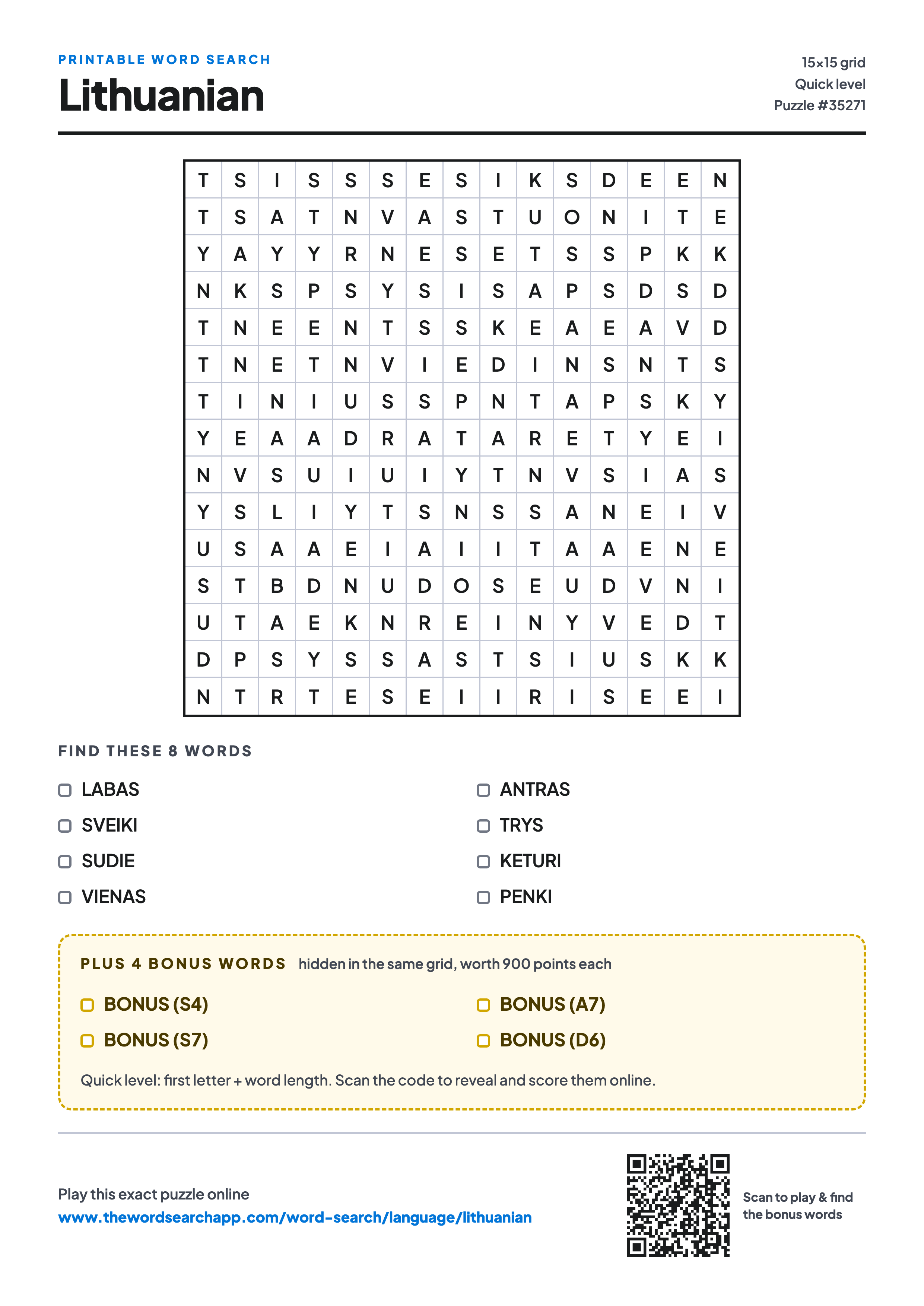 Printable Lithuanian word search — 15×15 letter grid with 8 words to find including LABAS, SVEIKI, SUDIE, plus 4 hidden bonus words