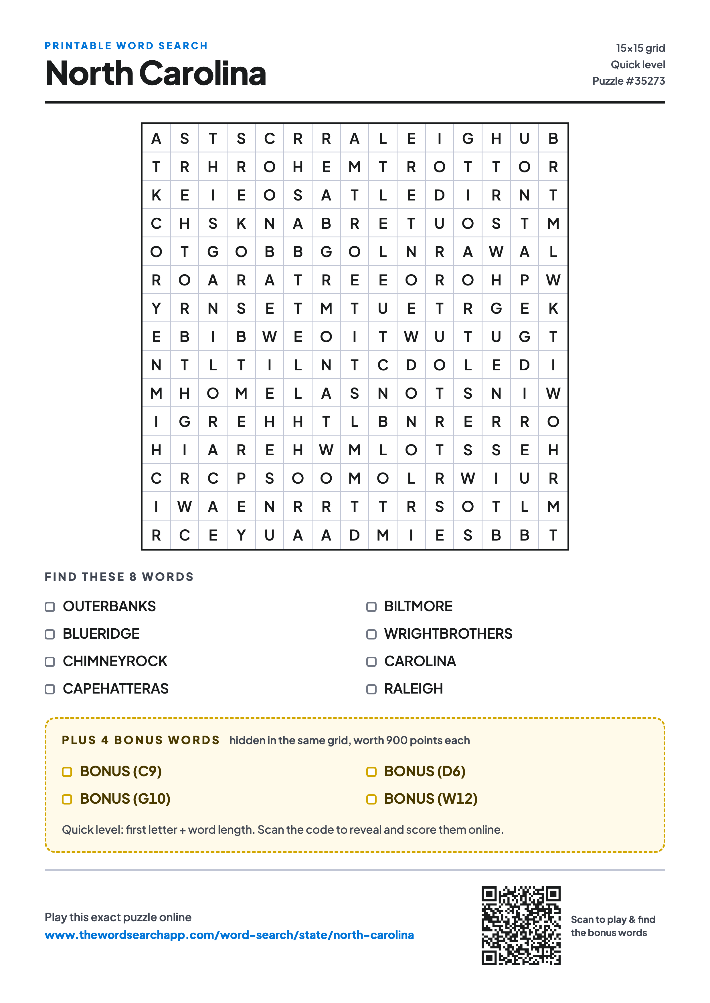 Printable North Carolina word search — 15×15 letter grid with 8 words to find including OUTERBANKS, BLUERIDGE, CHIMNEYROCK, plus 4 hidden bonus words