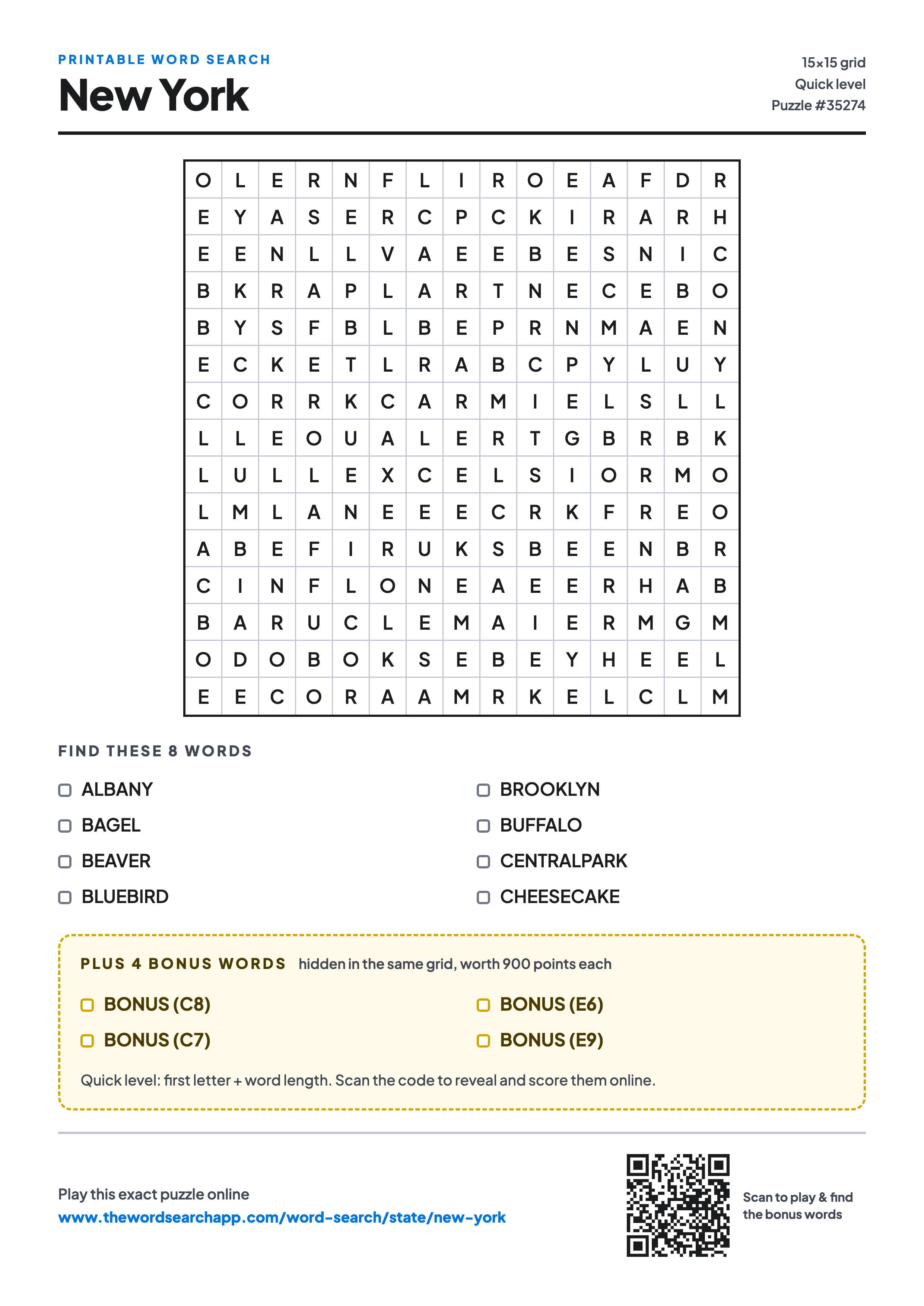 Printable New York word search — 15×15 letter grid with 8 words to find including ALBANY, BAGEL, BEAVER, plus 4 hidden bonus words