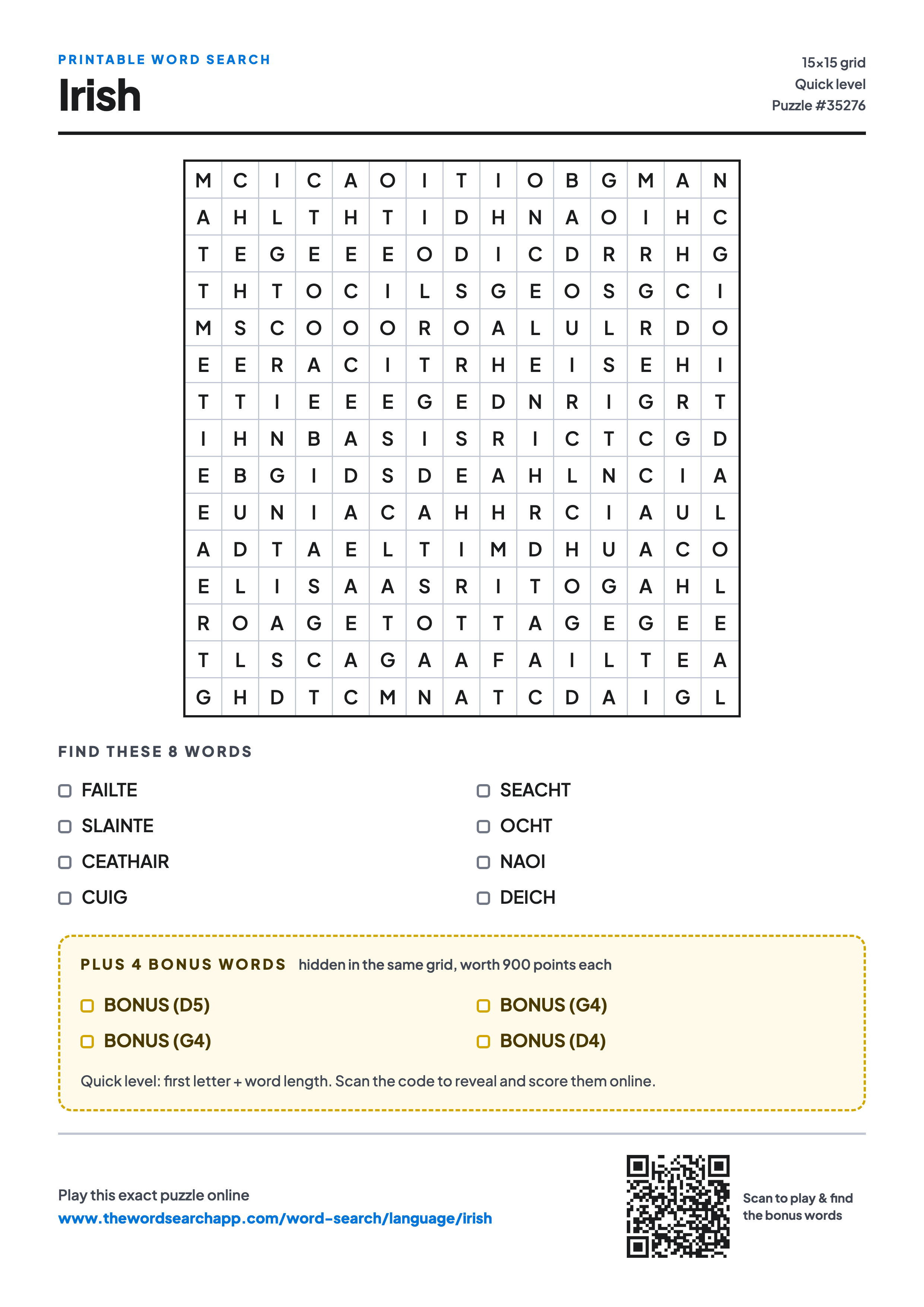Printable Irish word search — 15×15 letter grid with 8 words to find including FAILTE, SLAINTE, CEATHAIR, plus 4 hidden bonus words