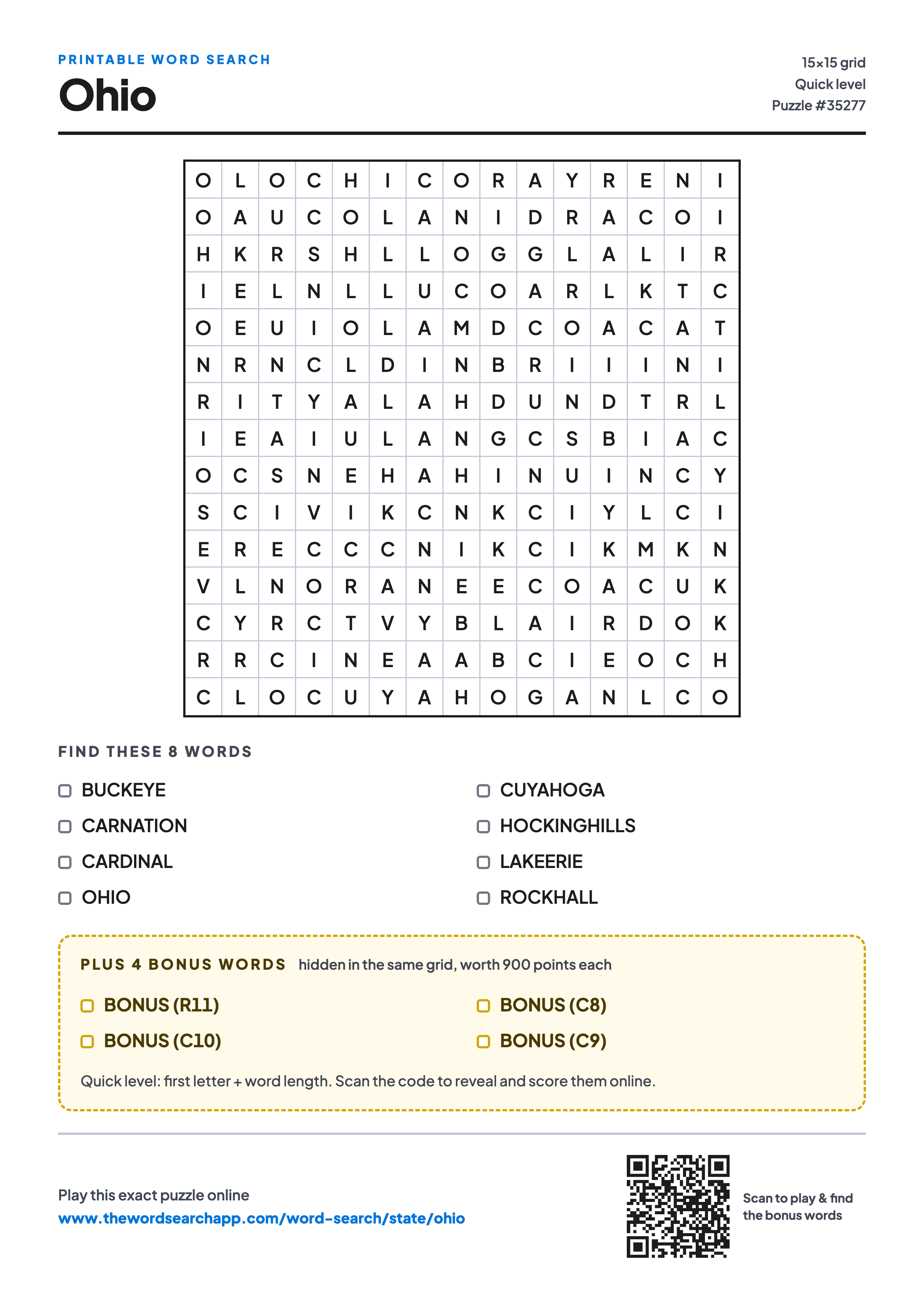 Printable Ohio word search — 15×15 letter grid with 8 words to find including BUCKEYE, CARNATION, CARDINAL, plus 4 hidden bonus words