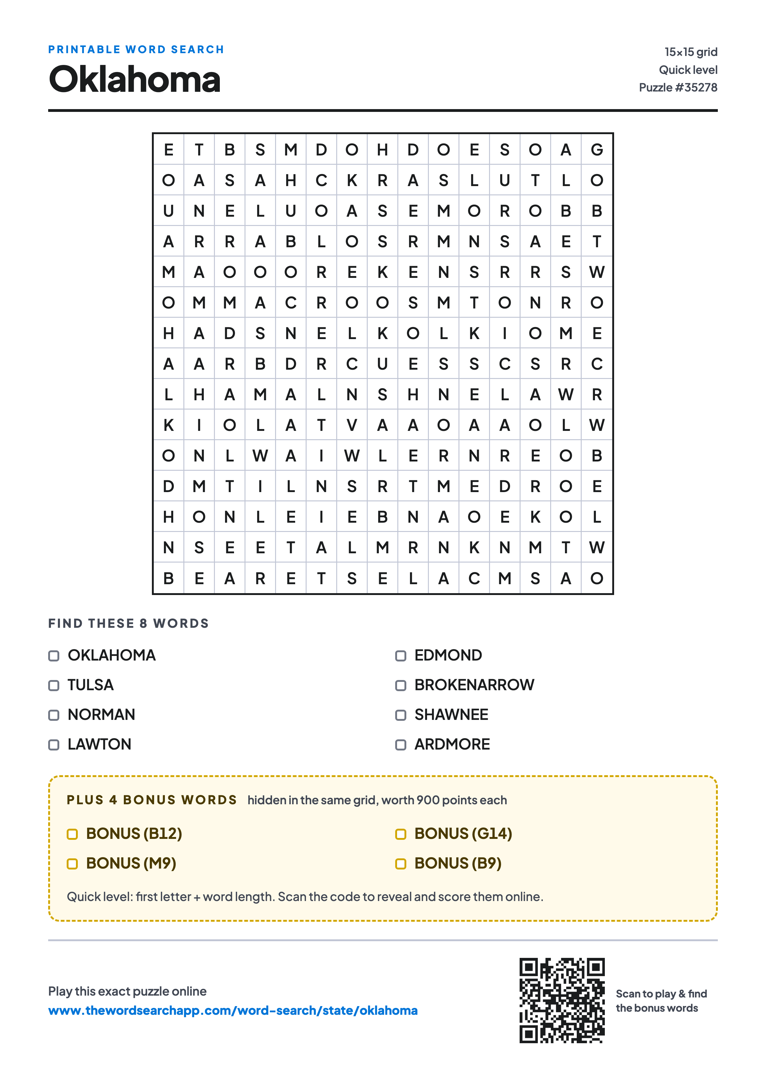 Printable Oklahoma word search — 15×15 letter grid with 8 words to find including OKLAHOMA, TULSA, NORMAN, plus 4 hidden bonus words