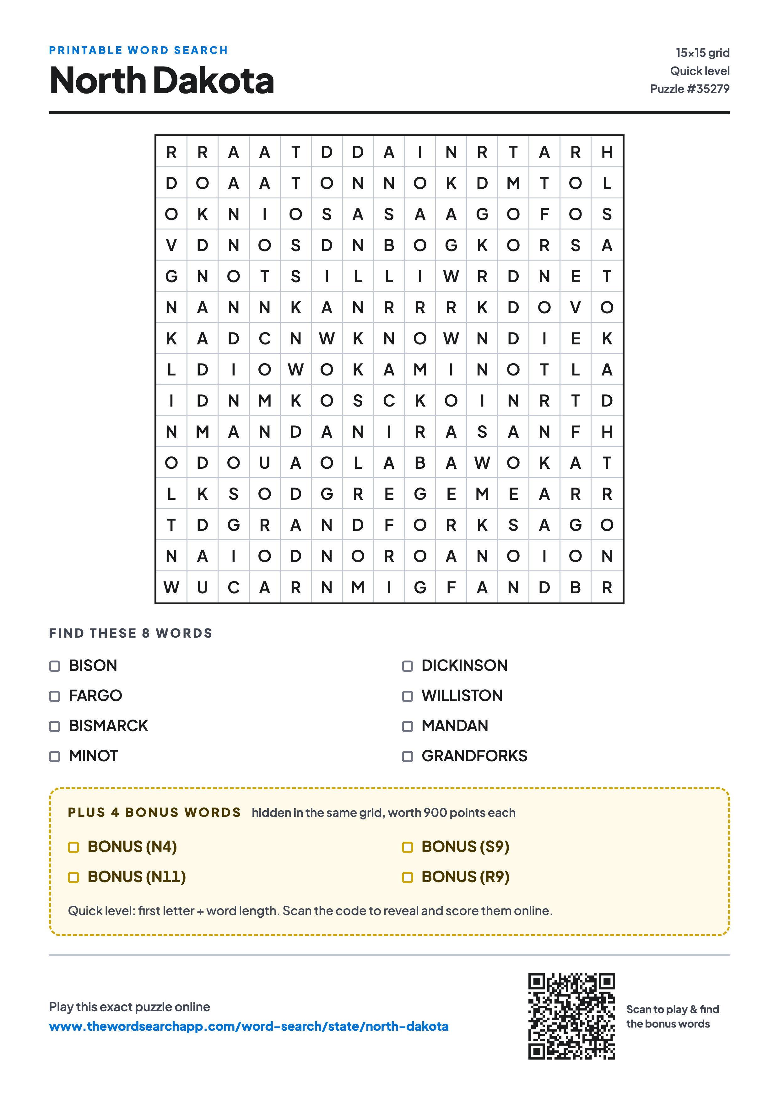 Printable North Dakota word search — 15×15 letter grid with 8 words to find including BISON, FARGO, BISMARCK, plus 4 hidden bonus words