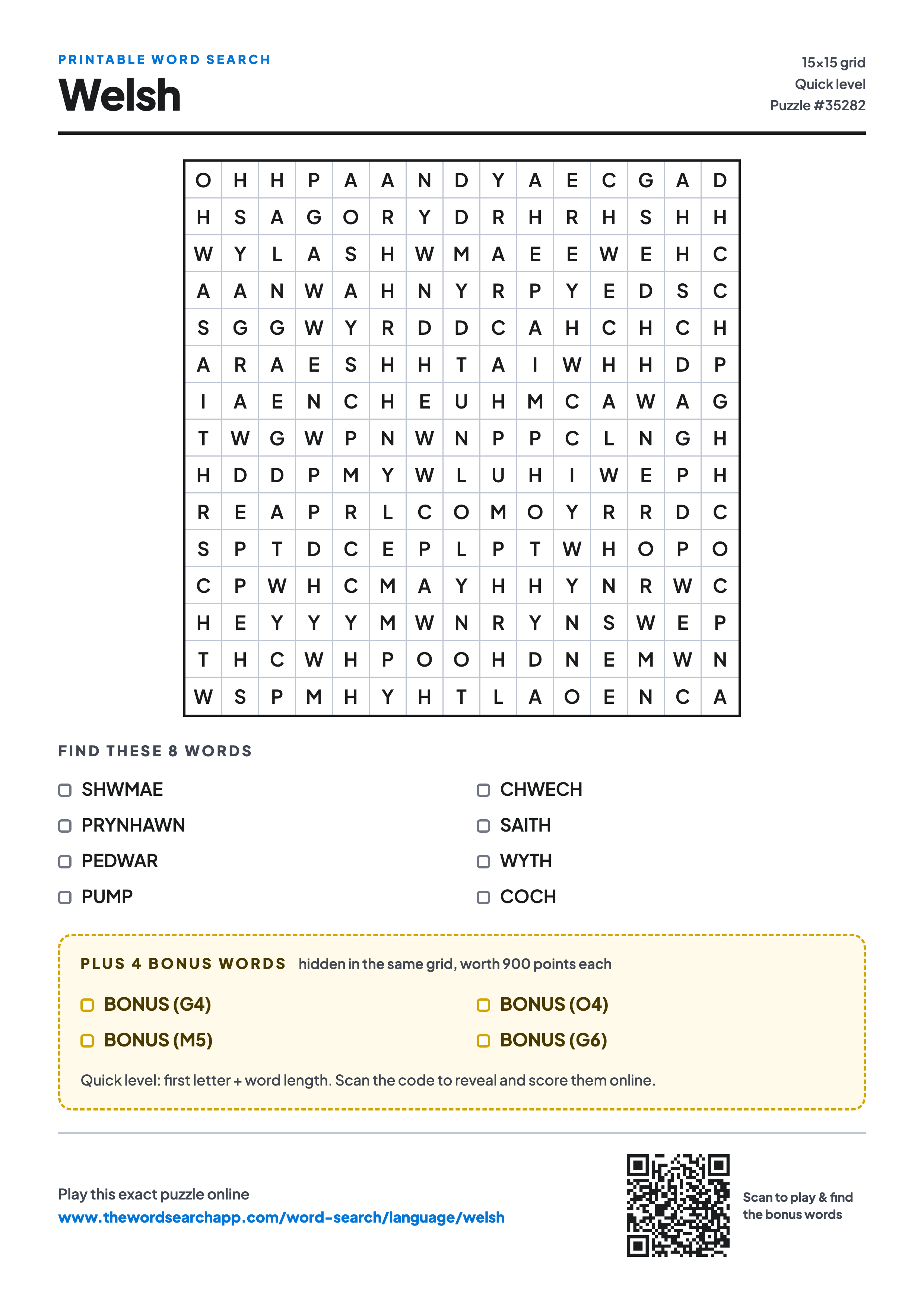Printable Welsh word search — 15×15 letter grid with 8 words to find including SHWMAE, PRYNHAWN, PEDWAR, plus 4 hidden bonus words