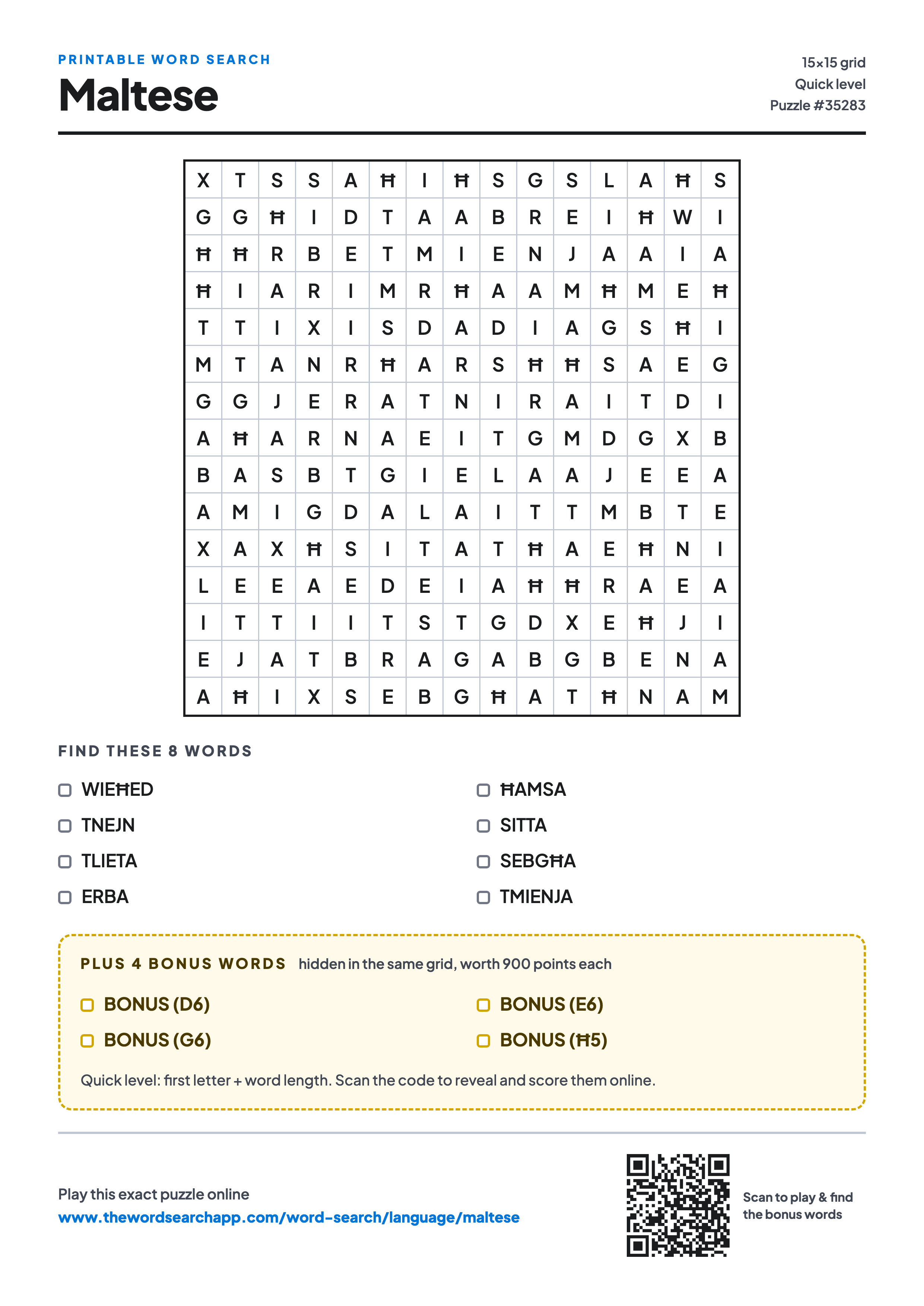 Printable Maltese word search — 15×15 letter grid with 8 words to find including WIEĦED, TNEJN, TLIETA, plus 4 hidden bonus words