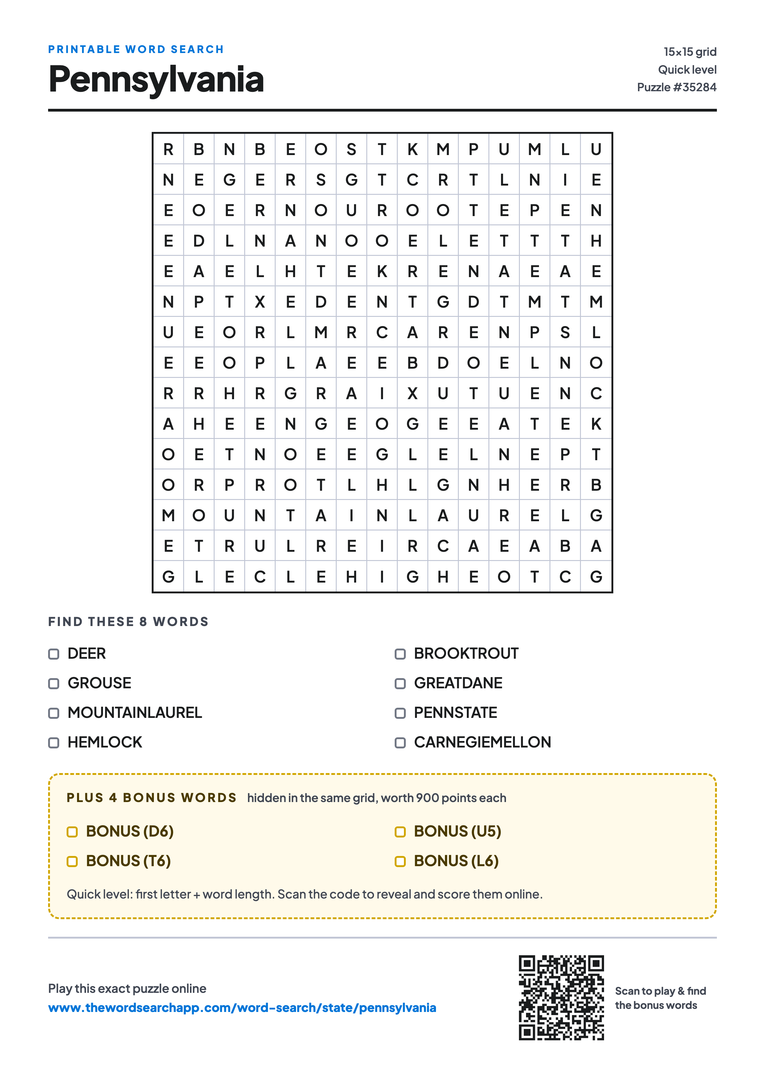 Printable Pennsylvania word search — 15×15 letter grid with 8 words to find including DEER, GROUSE, MOUNTAINLAUREL, plus 4 hidden bonus words