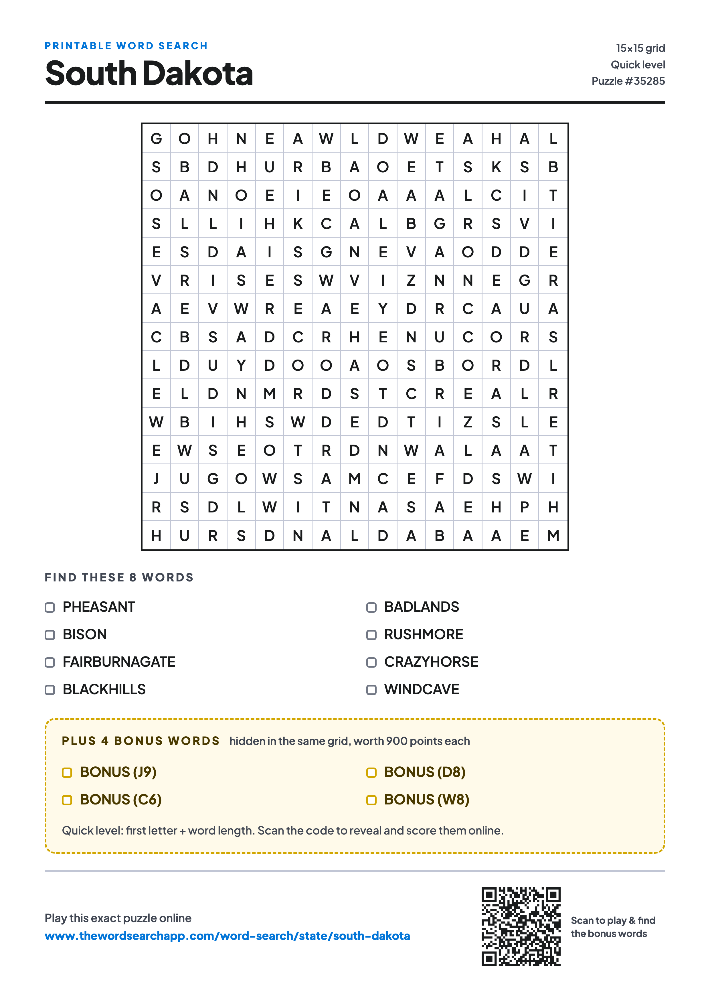 Printable South Dakota word search — 15×15 letter grid with 8 words to find including PHEASANT, BISON, FAIRBURNAGATE, plus 4 hidden bonus words