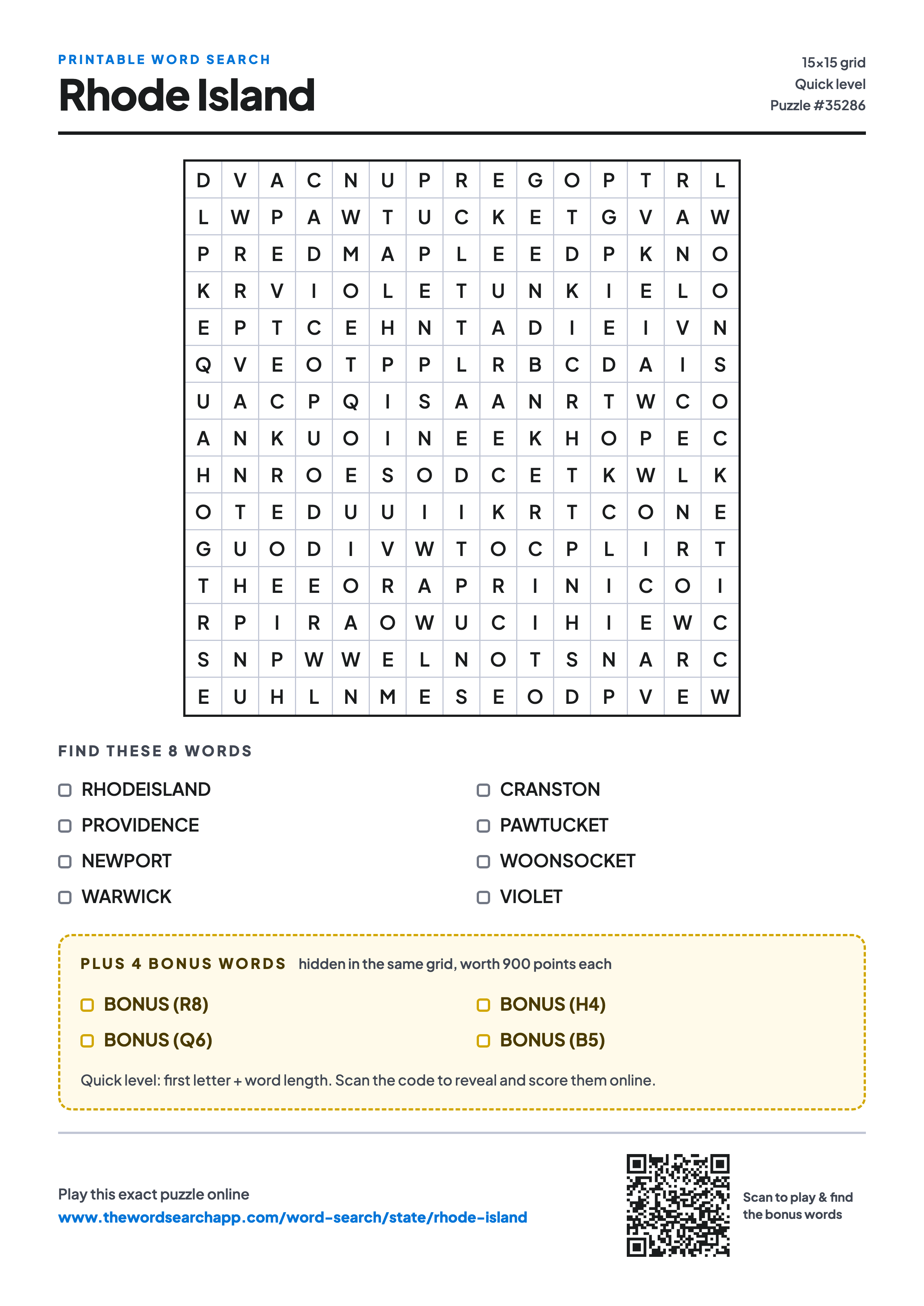 Printable Rhode Island word search — 15×15 letter grid with 8 words to find including RHODEISLAND, PROVIDENCE, NEWPORT, plus 4 hidden bonus words
