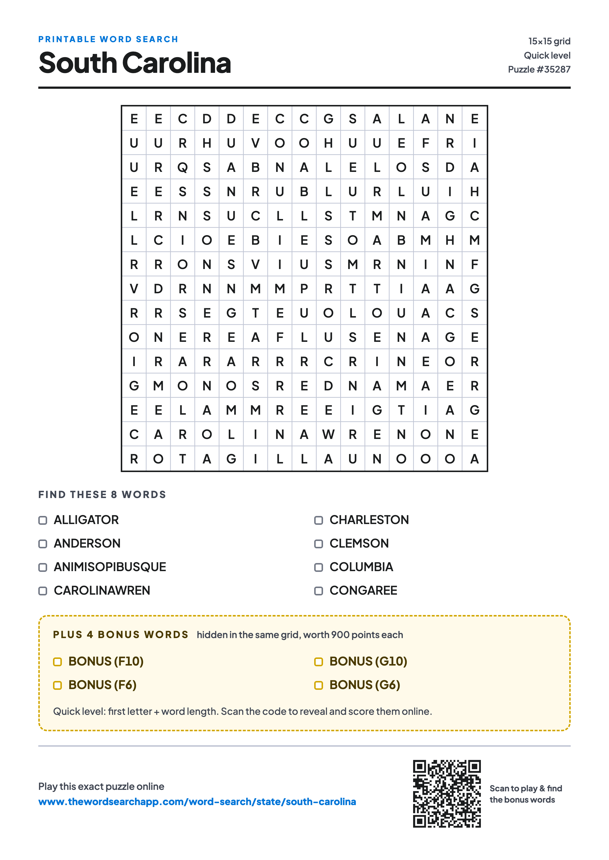 Printable South Carolina word search — 15×15 letter grid with 8 words to find including ALLIGATOR, ANDERSON, ANIMISOPIBUSQUE, plus 4 hidden bonus words