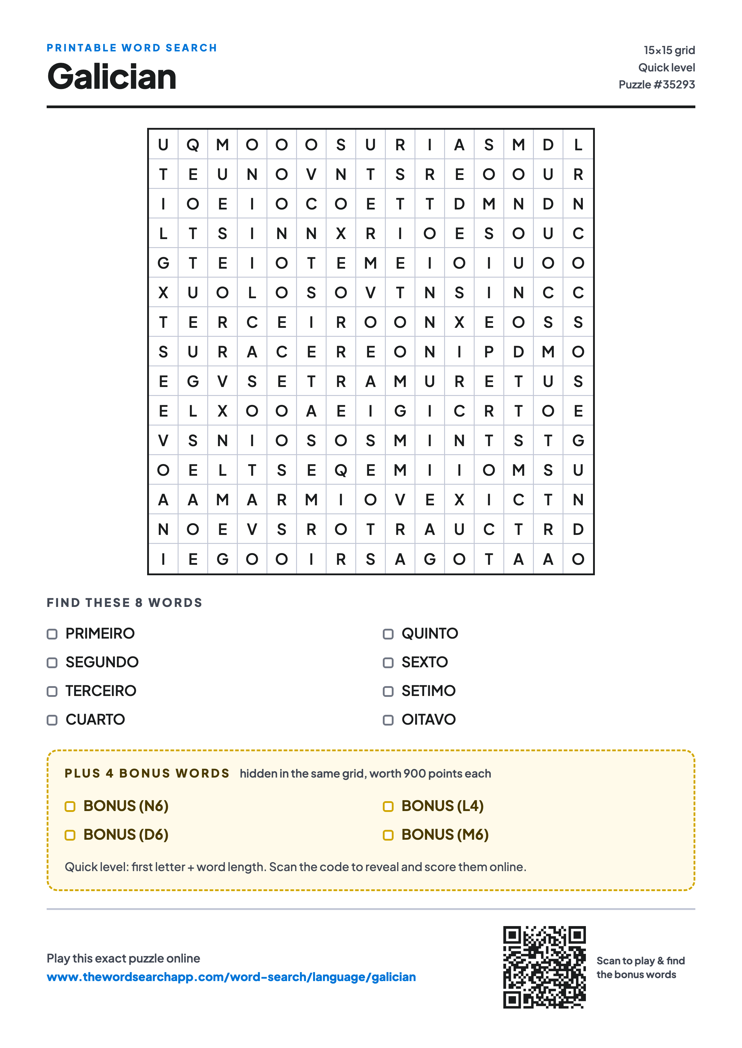 Printable Galician word search — 15×15 letter grid with 8 words to find including PRIMEIRO, SEGUNDO, TERCEIRO, plus 4 hidden bonus words