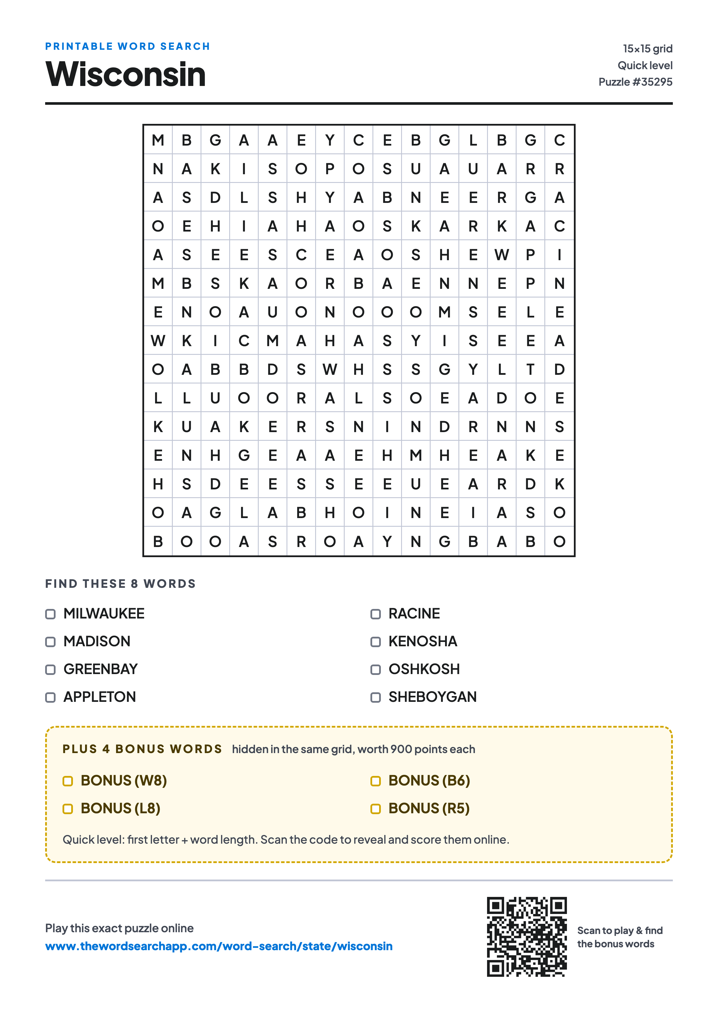 Printable Wisconsin word search — 15×15 letter grid with 8 words to find including MILWAUKEE, MADISON, GREENBAY, plus 4 hidden bonus words