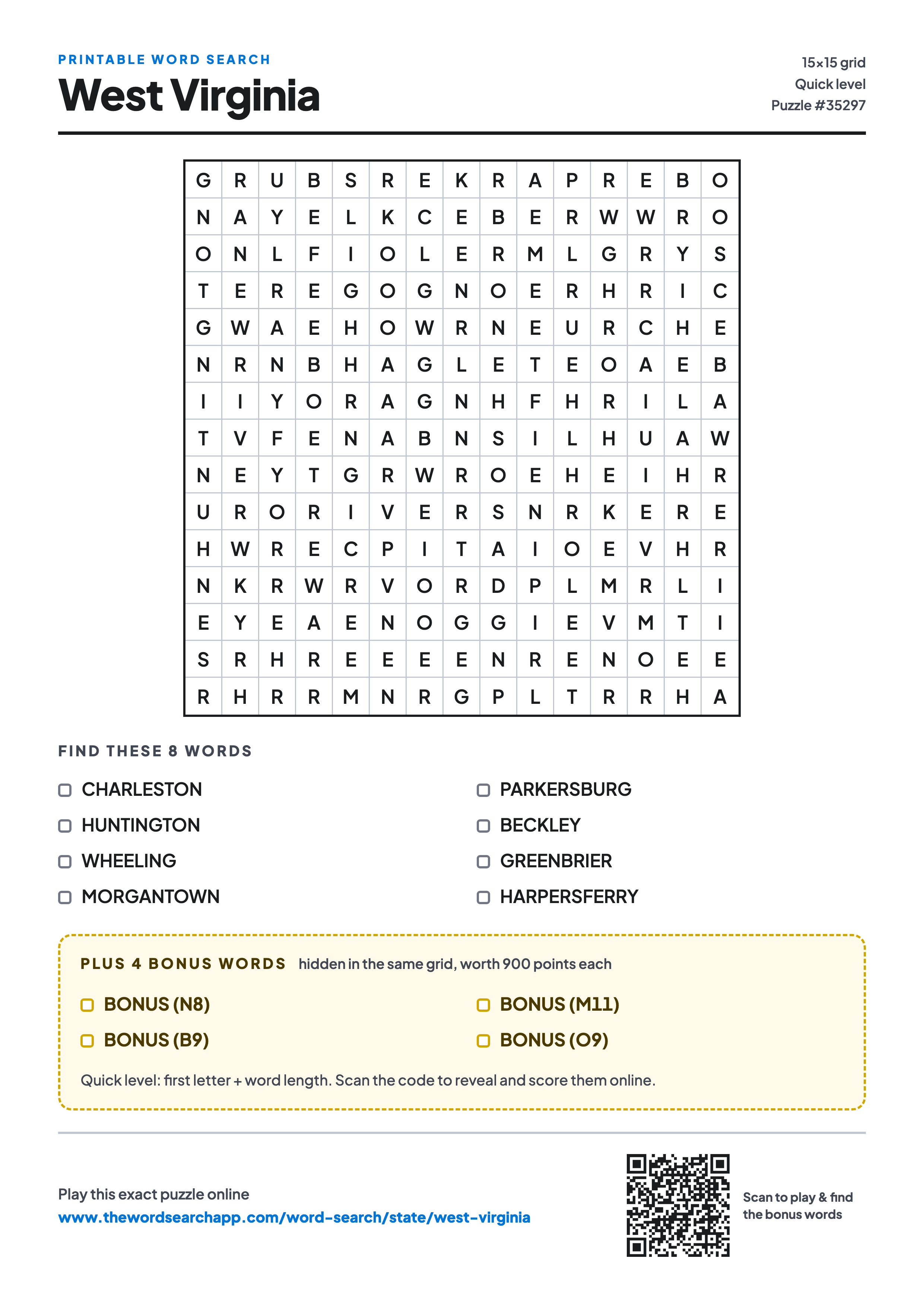 Printable West Virginia word search — 15×15 letter grid with 8 words to find including CHARLESTON, HUNTINGTON, WHEELING, plus 4 hidden bonus words