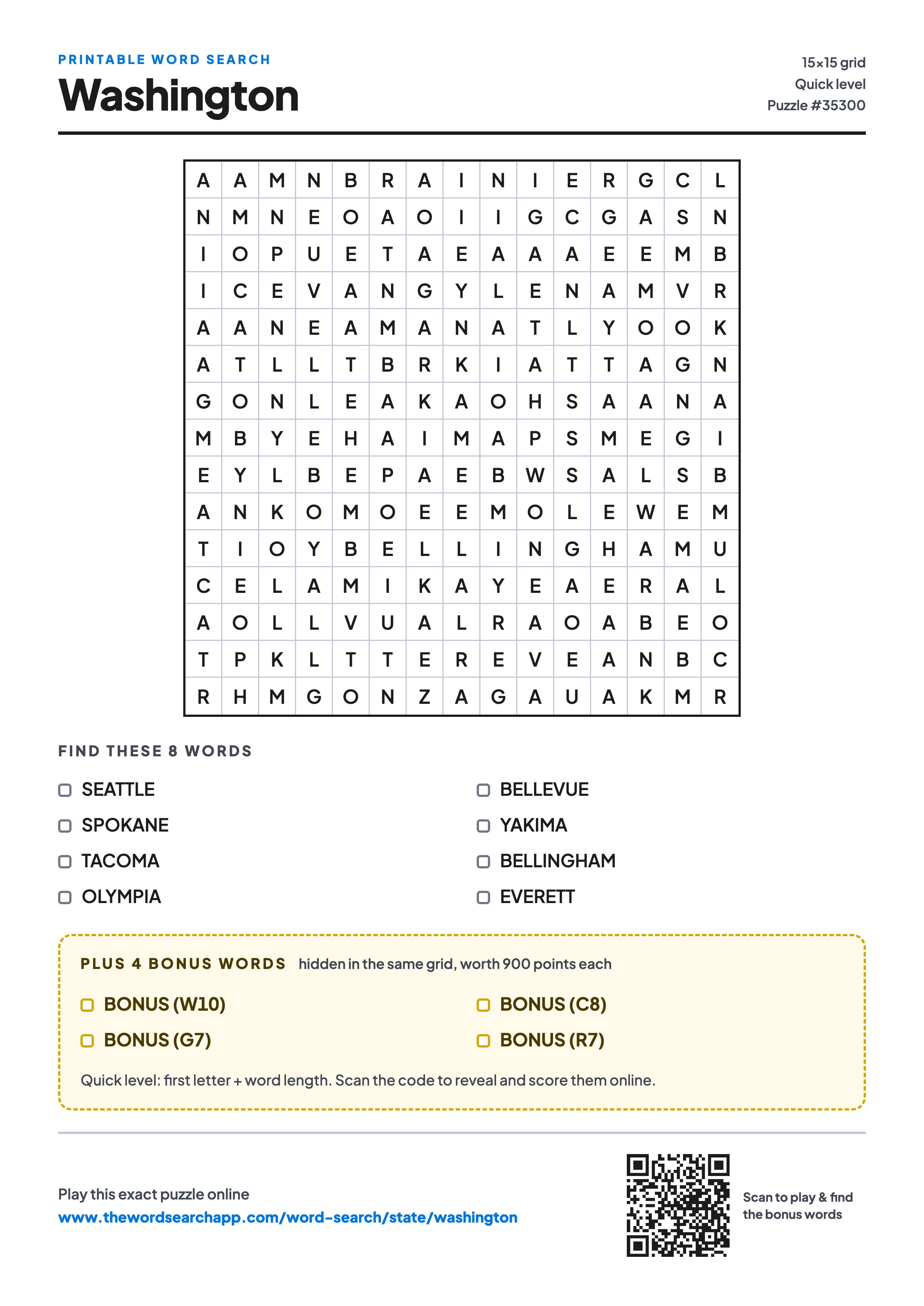 Printable Washington word search — 15×15 letter grid with 8 words to find including SEATTLE, SPOKANE, TACOMA, plus 4 hidden bonus words