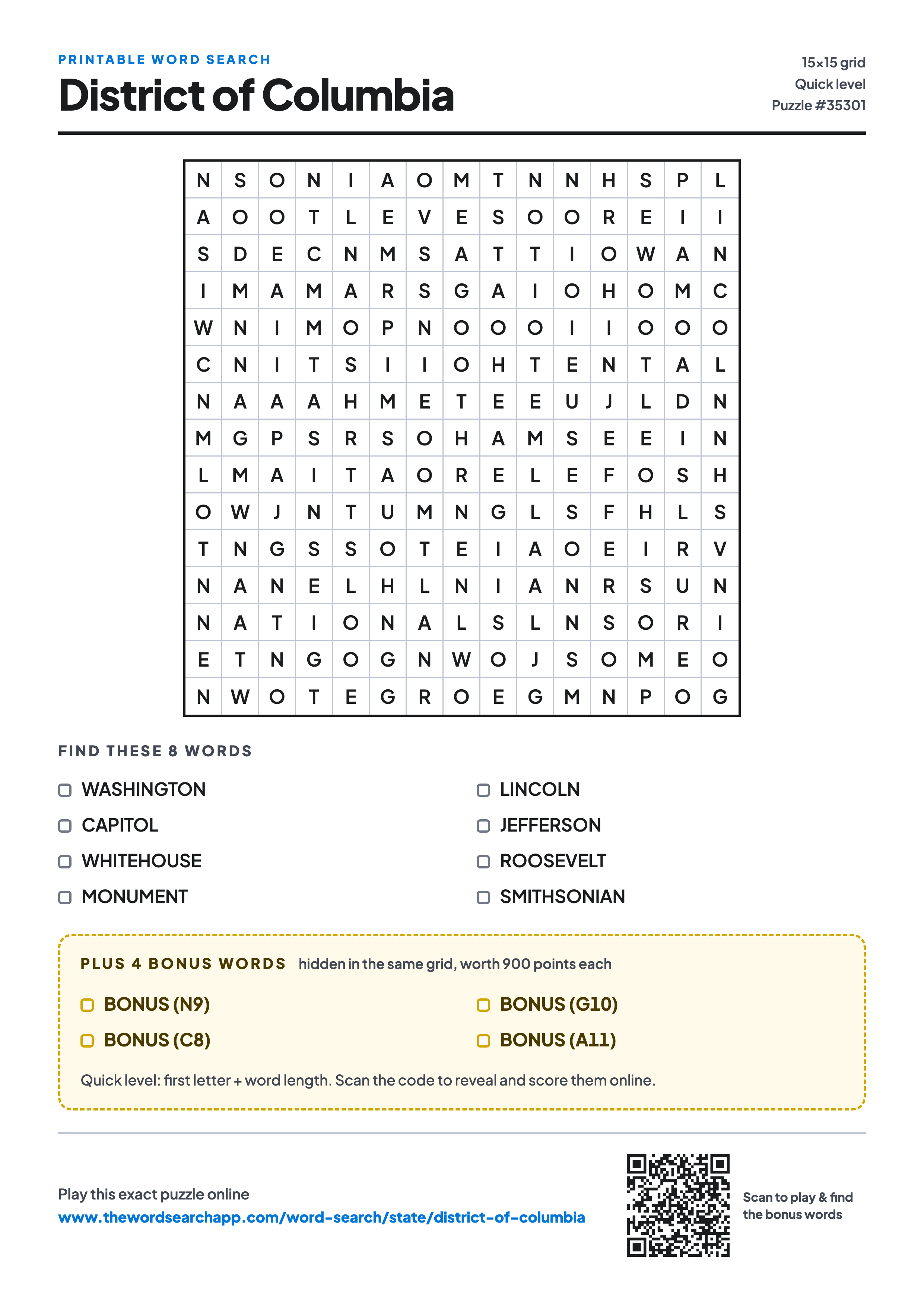 Printable District of Columbia word search — 15×15 letter grid with 8 words to find including WASHINGTON, CAPITOL, WHITEHOUSE, plus 4 hidden bonus words