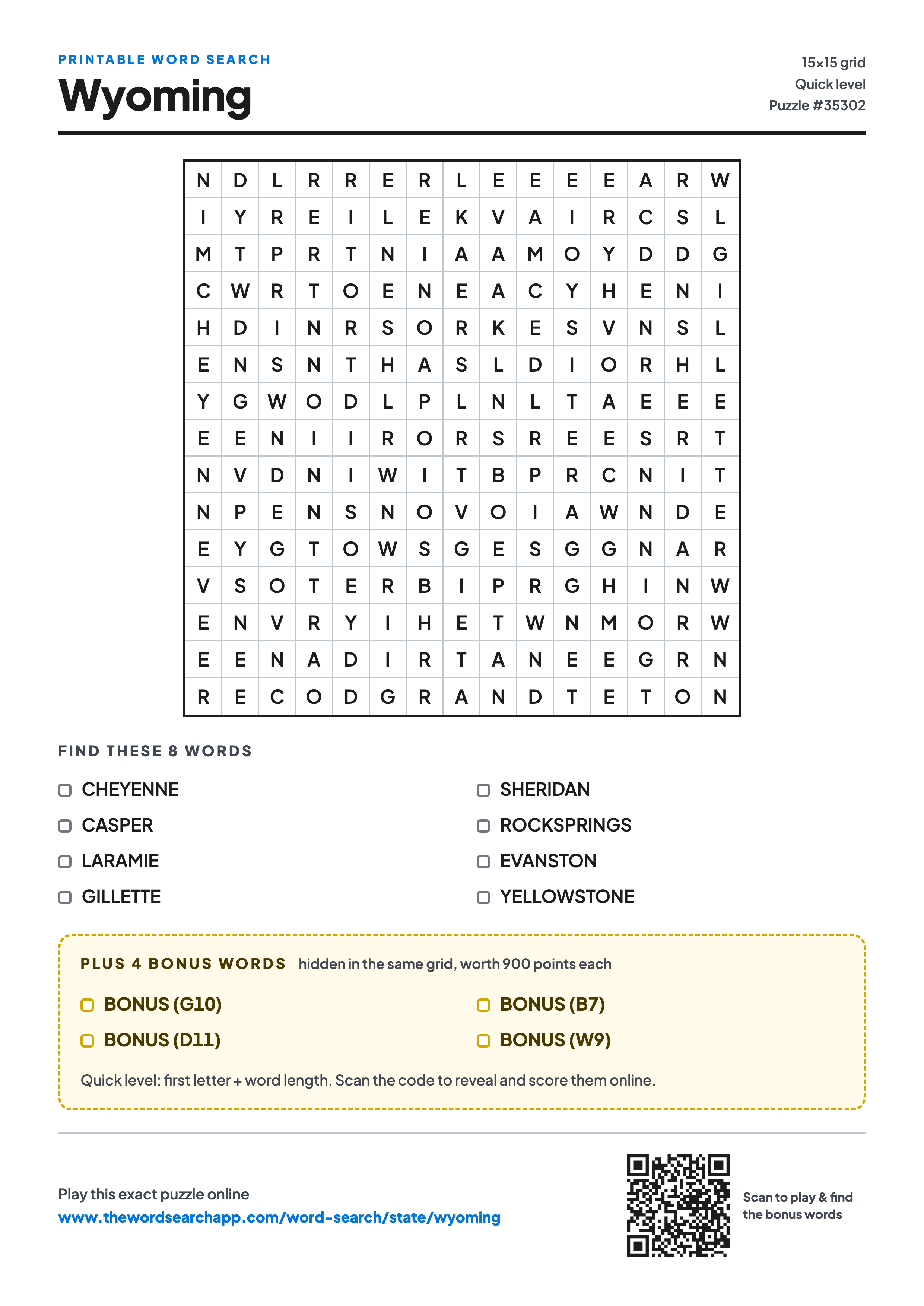 Printable Wyoming word search — 15×15 letter grid with 8 words to find including CHEYENNE, CASPER, LARAMIE, plus 4 hidden bonus words