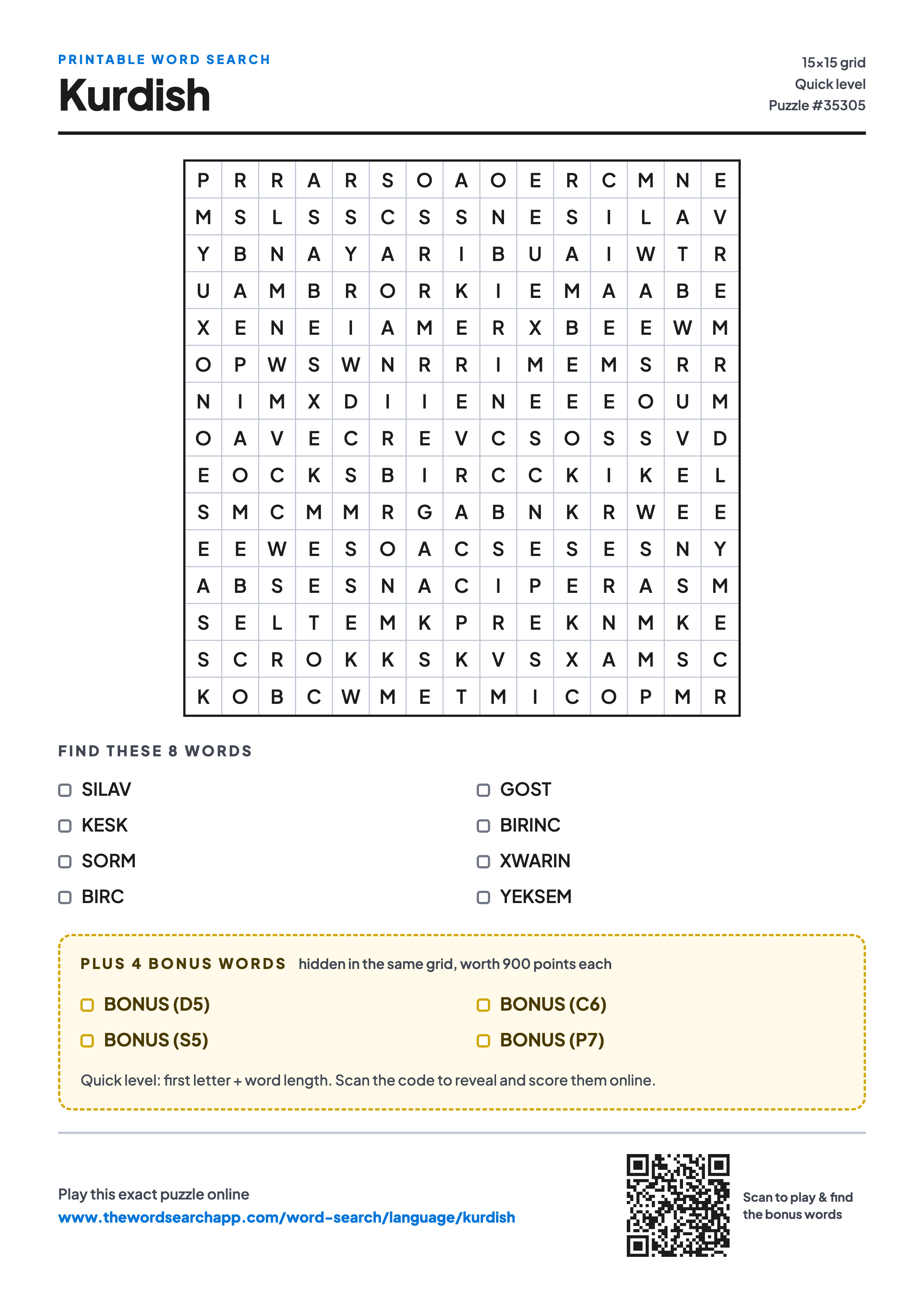 Printable Kurdish word search — 15×15 letter grid with 8 words to find including SILAV, KESK, SORM, plus 4 hidden bonus words