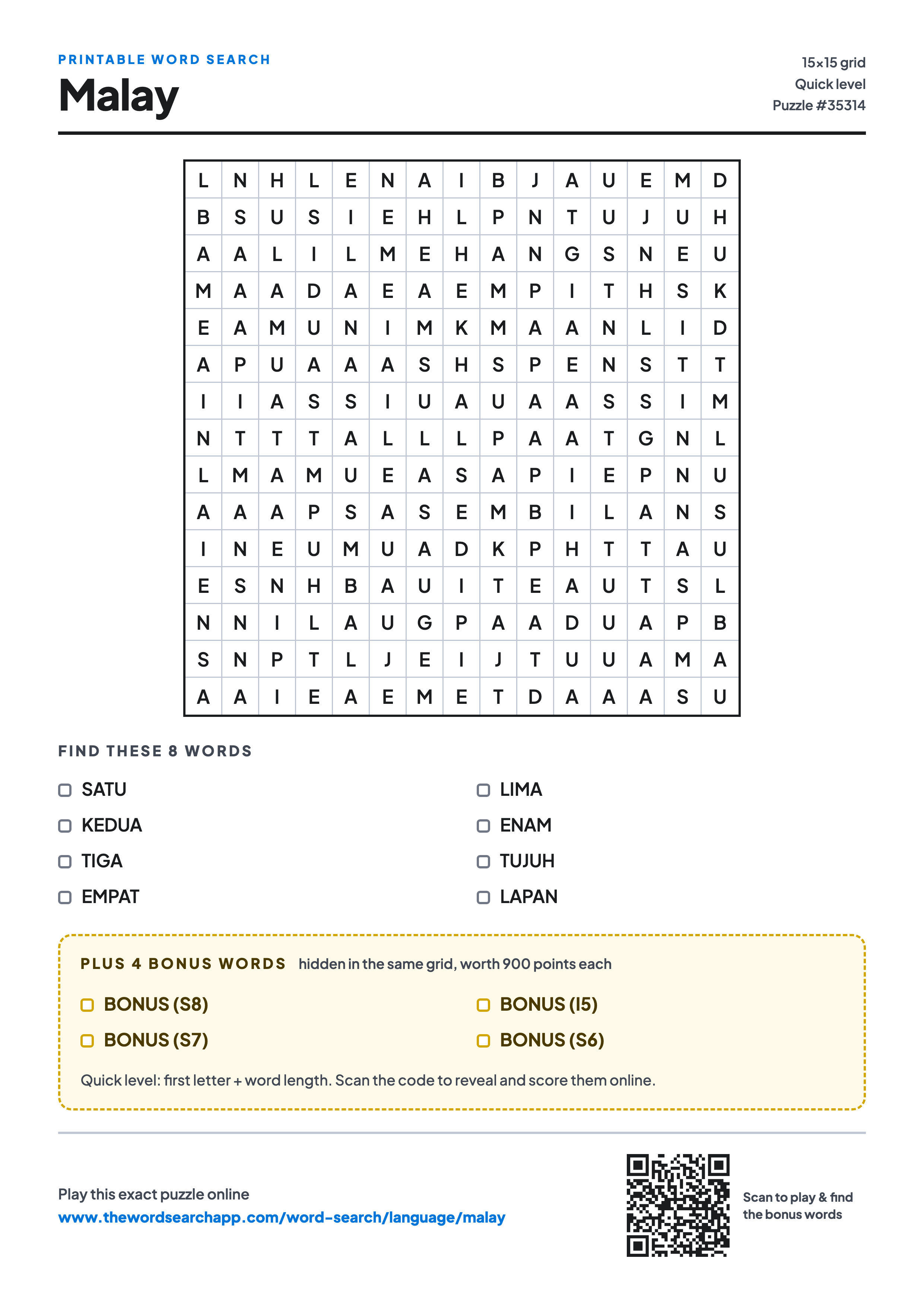 Printable Malay word search — 15×15 letter grid with 8 words to find including SATU, KEDUA, TIGA, plus 4 hidden bonus words