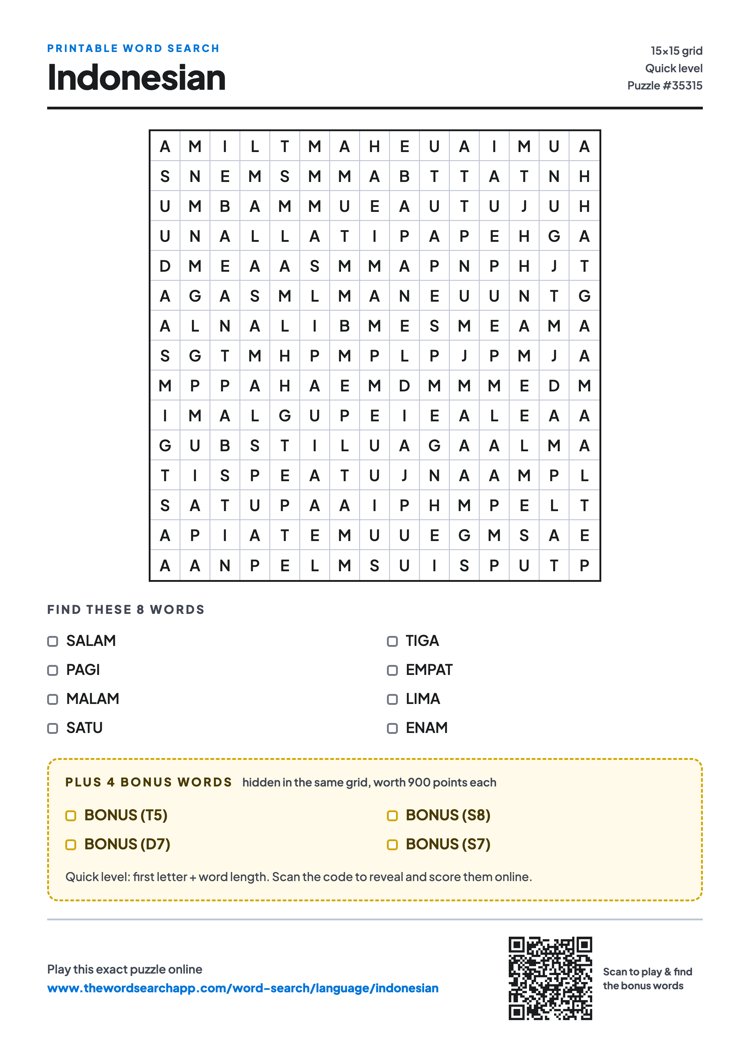 Printable Indonesian word search — 15×15 letter grid with 8 words to find including SALAM, PAGI, MALAM, plus 4 hidden bonus words