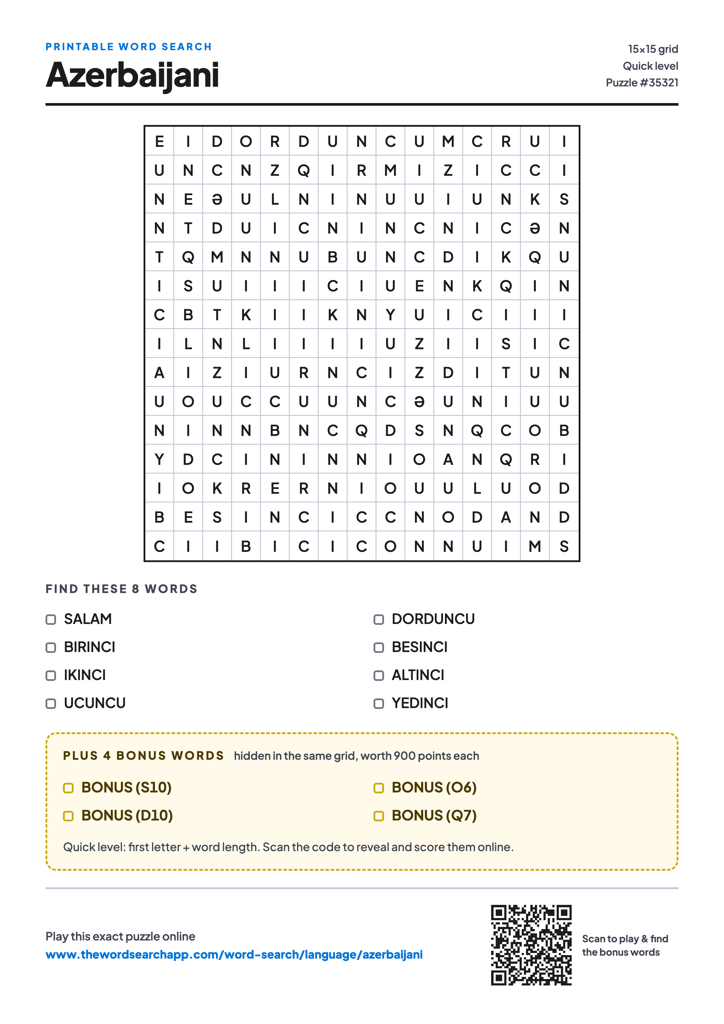 Printable Azerbaijani word search — 15×15 letter grid with 8 words to find including SALAM, BIRINCI, IKINCI, plus 4 hidden bonus words