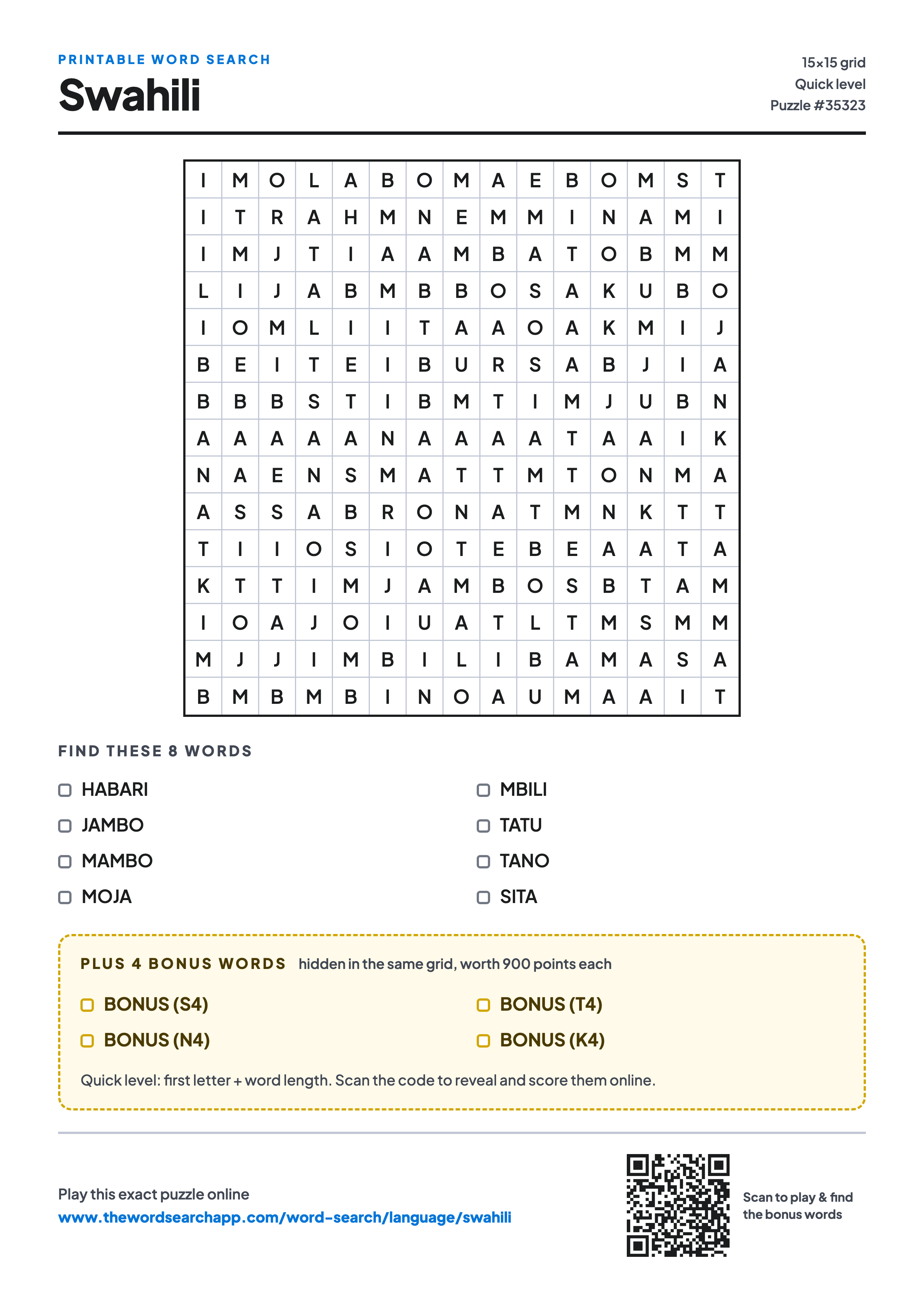 Printable Swahili word search — 15×15 letter grid with 8 words to find including HABARI, JAMBO, MAMBO, plus 4 hidden bonus words