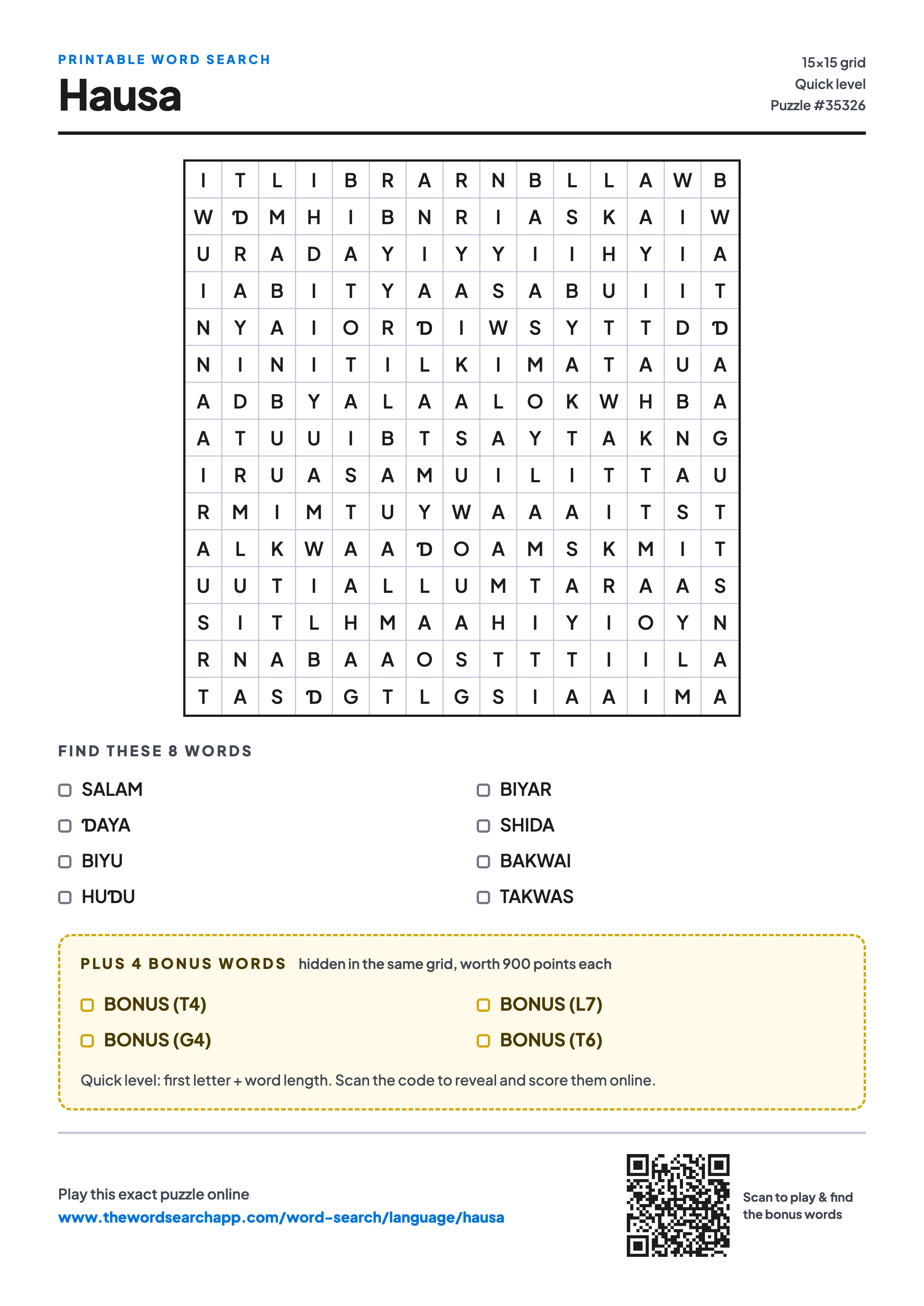 Printable Hausa word search — 15×15 letter grid with 8 words to find including SALAM, ƊAYA, BIYU, plus 4 hidden bonus words