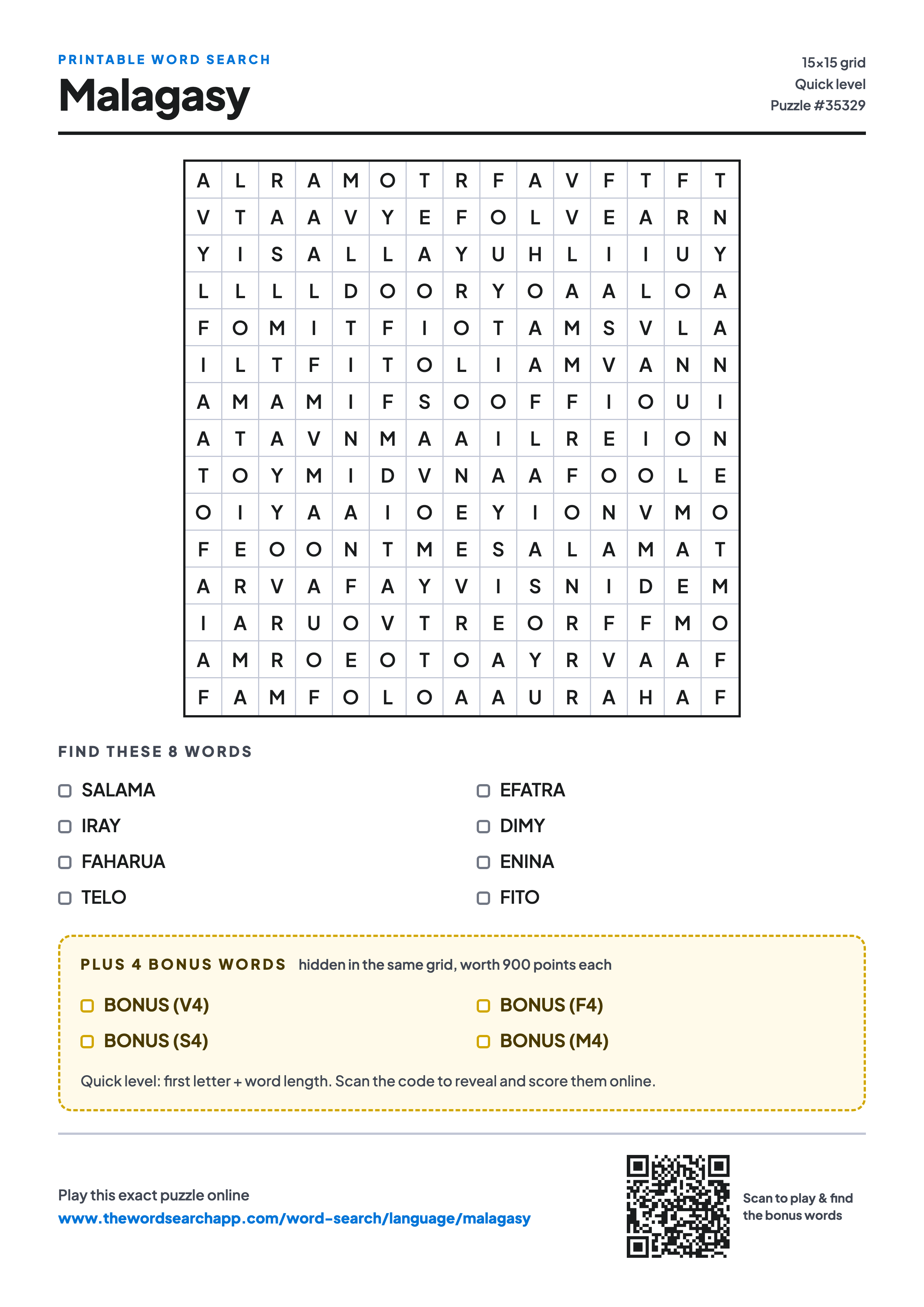 Printable Malagasy word search — 15×15 letter grid with 8 words to find including SALAMA, IRAY, FAHARUA, plus 4 hidden bonus words