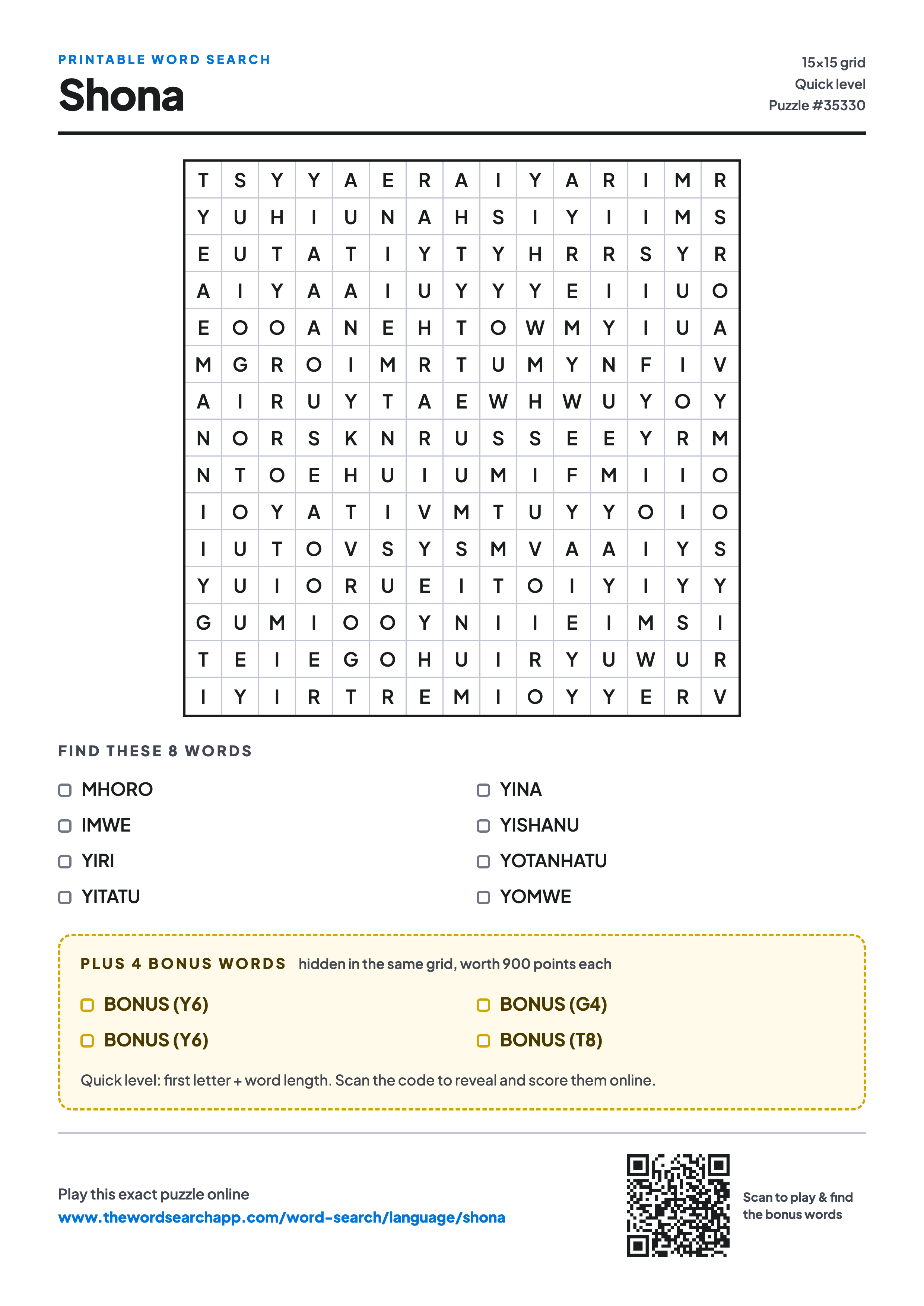 Printable Shona word search — 15×15 letter grid with 8 words to find including MHORO, IMWE, YIRI, plus 4 hidden bonus words
