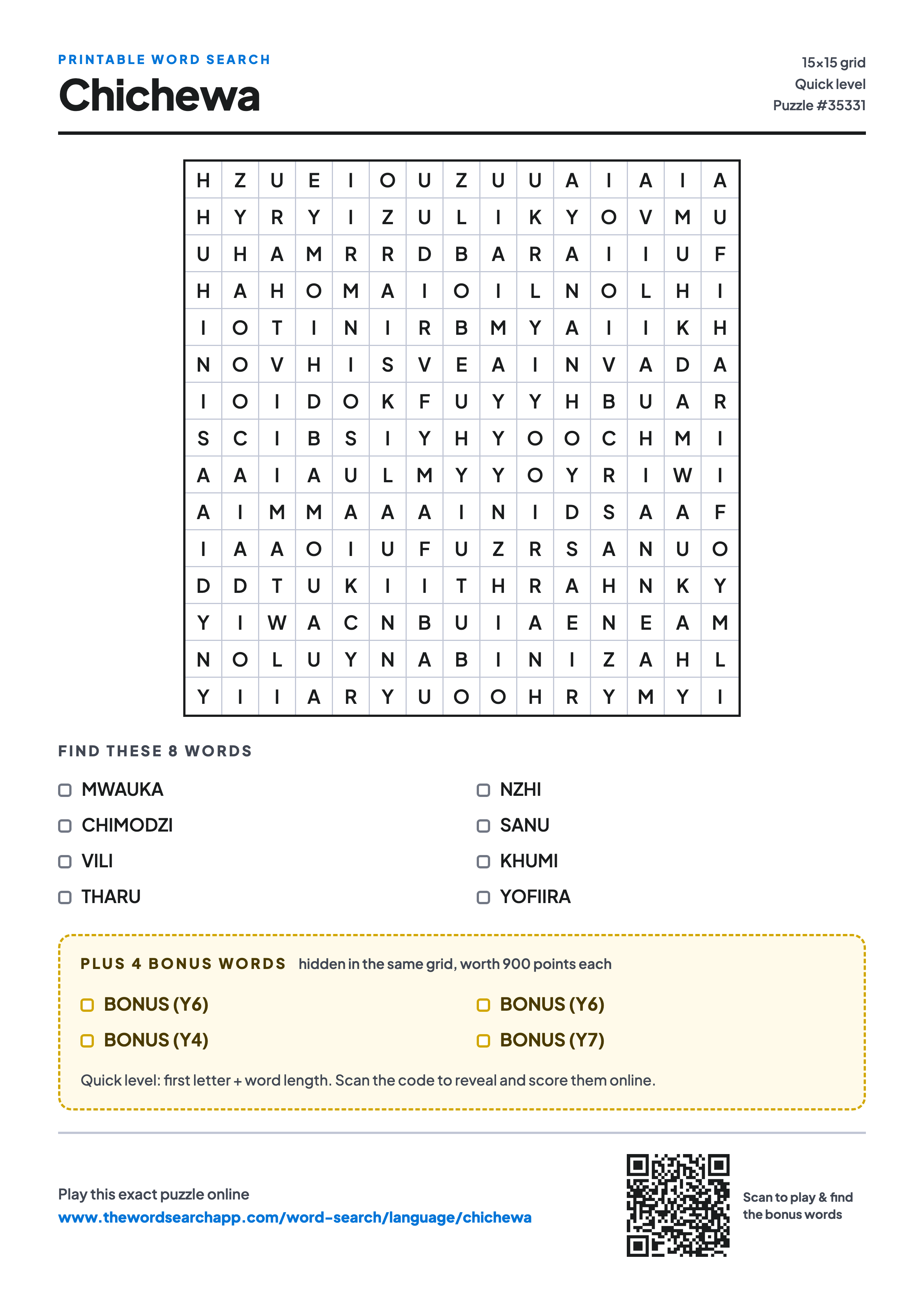 Printable Chichewa word search — 15×15 letter grid with 8 words to find including MWAUKA, CHIMODZI, VILI, plus 4 hidden bonus words
