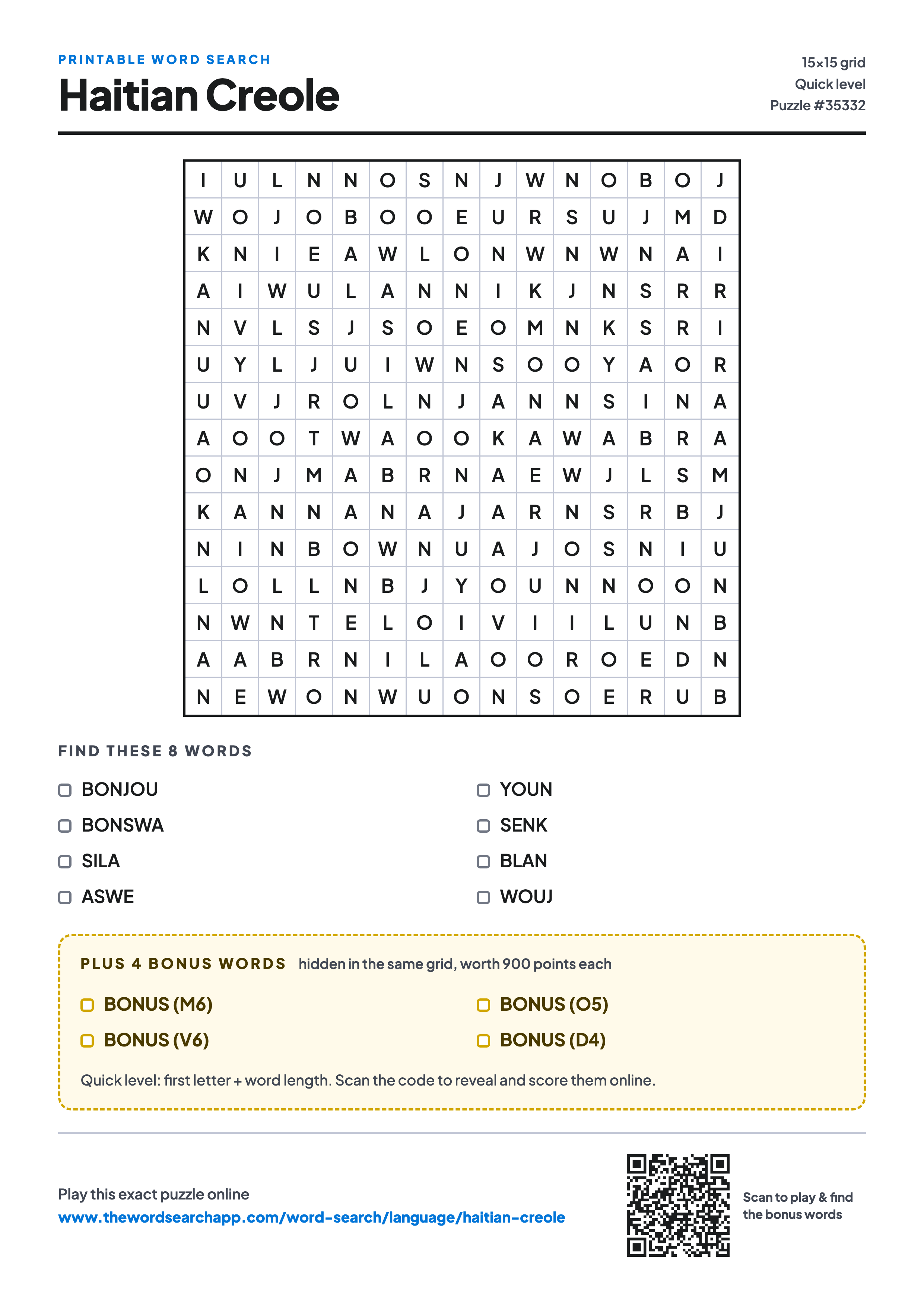 Printable Haitian Creole word search — 15×15 letter grid with 8 words to find including BONJOU, BONSWA, SILA, plus 4 hidden bonus words