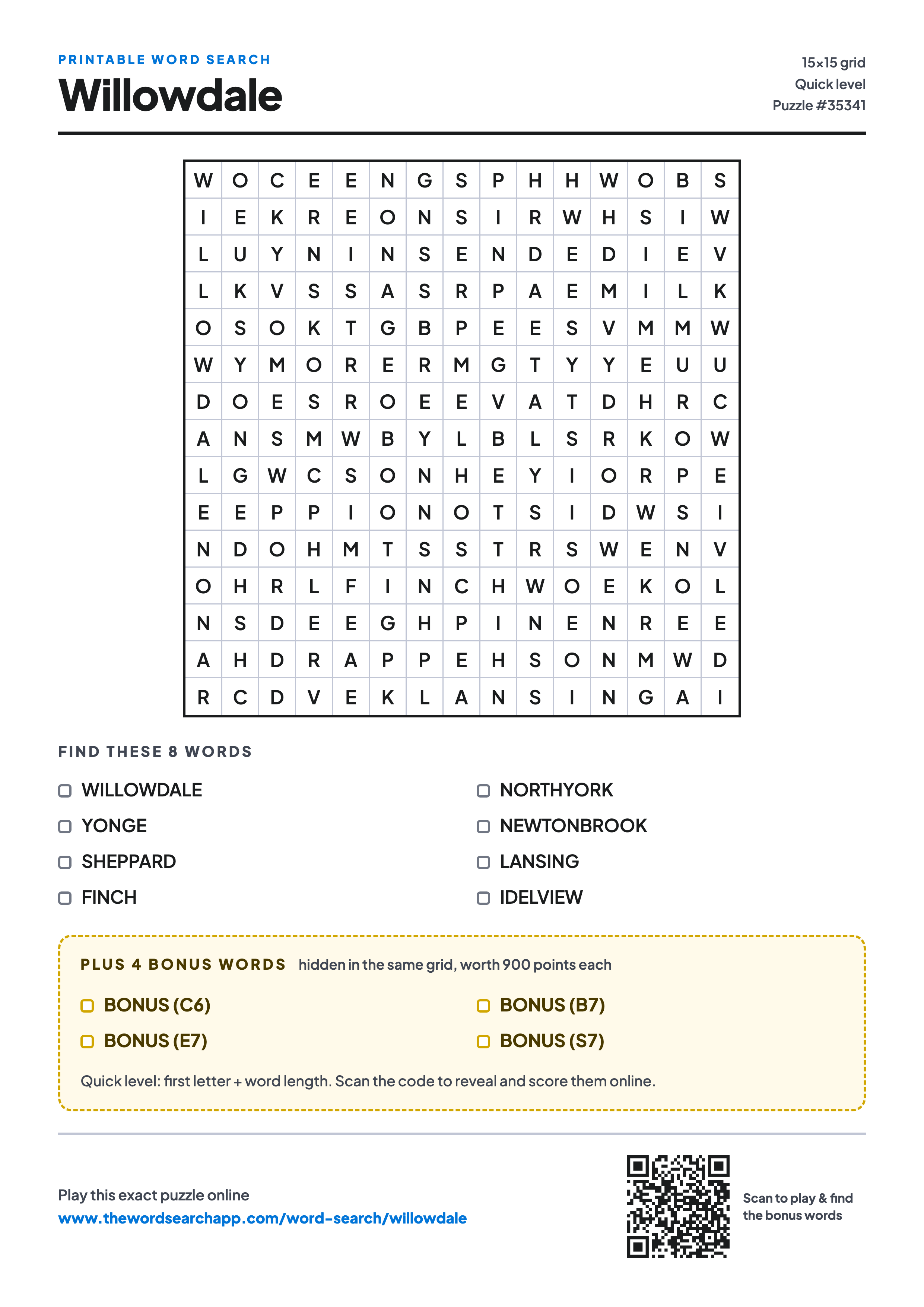 Printable Willowdale word search — 15×15 letter grid with 8 words to find including WILLOWDALE, YONGE, SHEPPARD, plus 4 hidden bonus words
