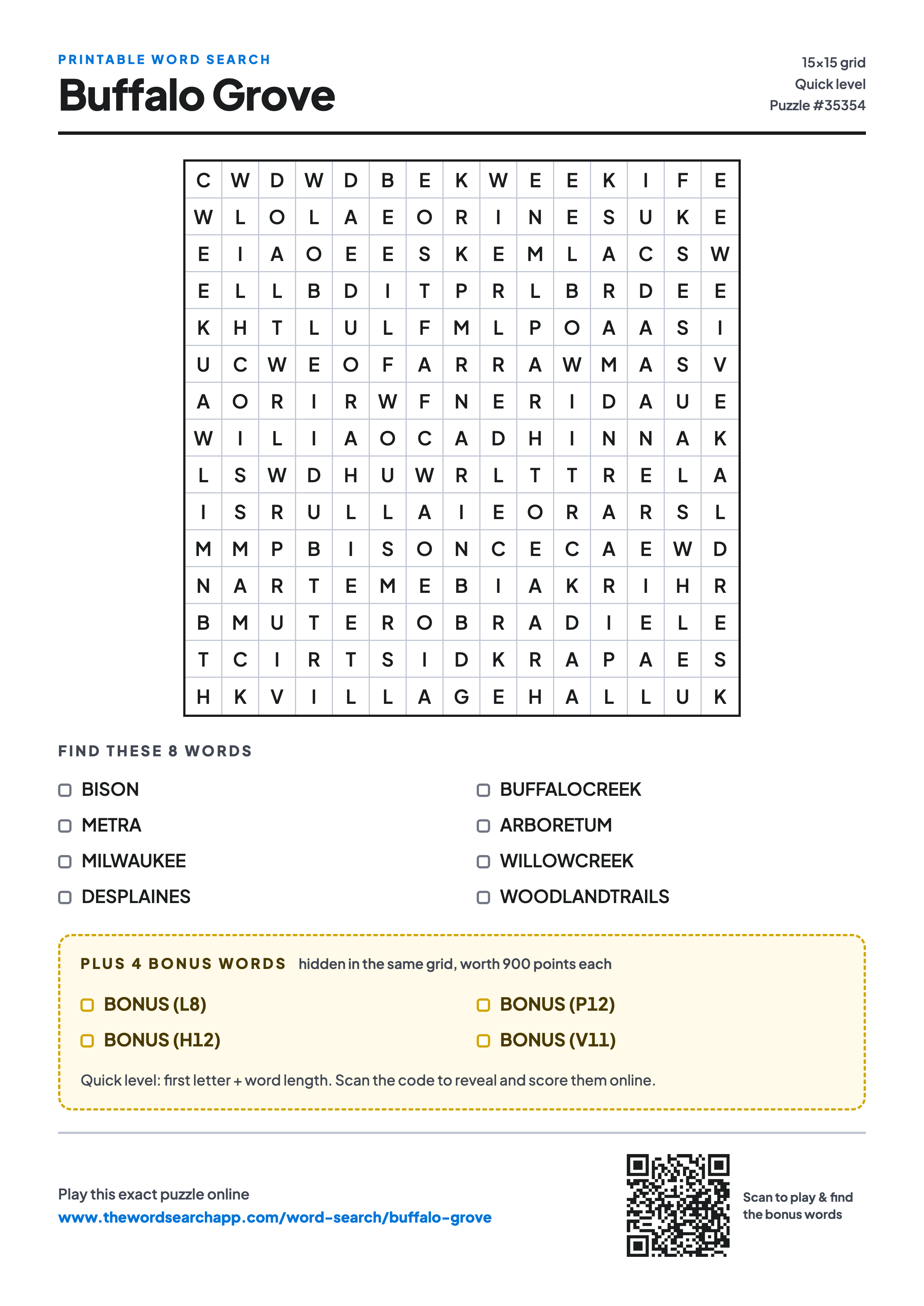 Printable Buffalo Grove word search — 15×15 letter grid with 8 words to find including BISON, METRA, MILWAUKEE, plus 4 hidden bonus words