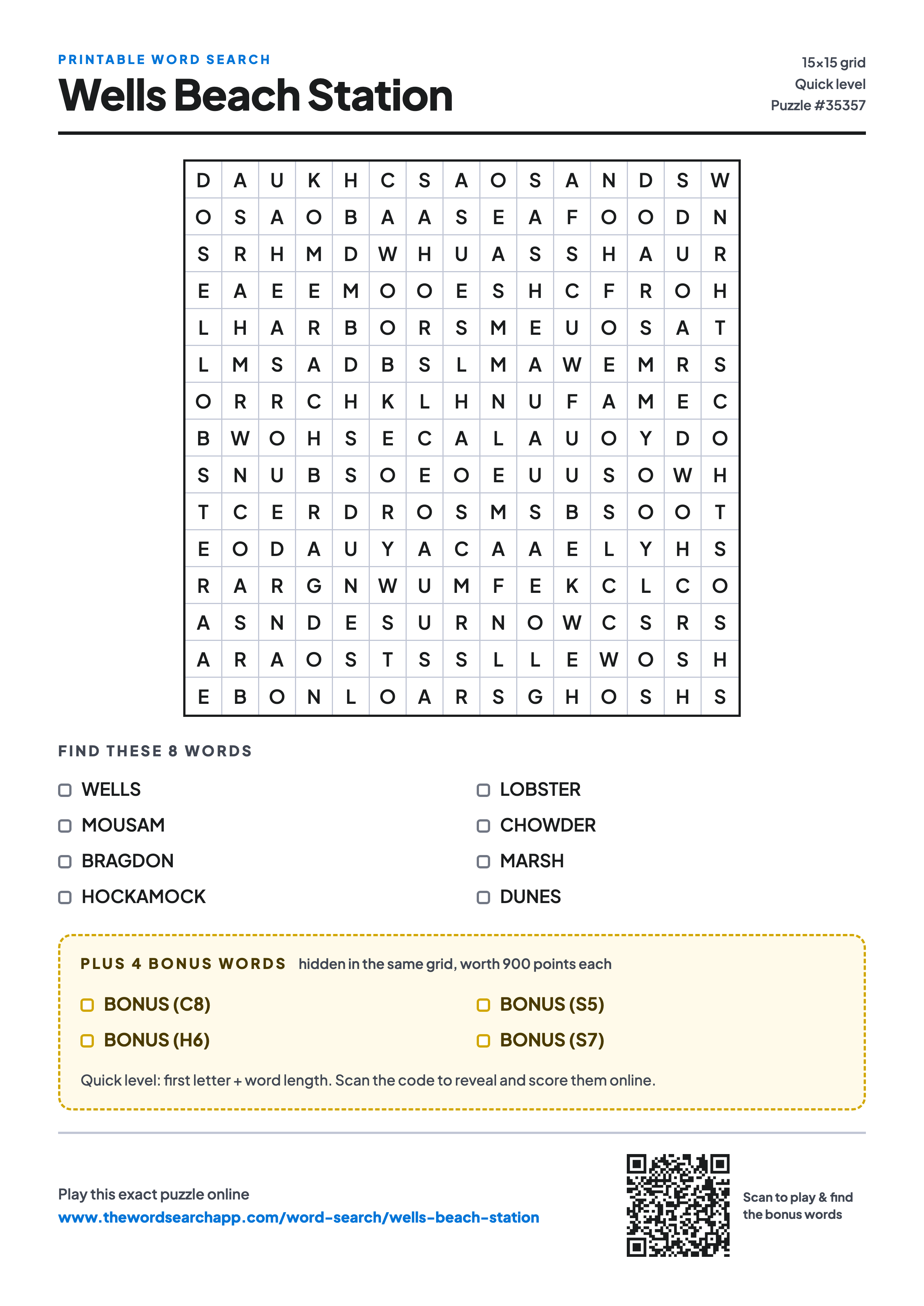 Printable Wells Beach Station word search — 15×15 letter grid with 8 words to find including WELLS, MOUSAM, BRAGDON, plus 4 hidden bonus words