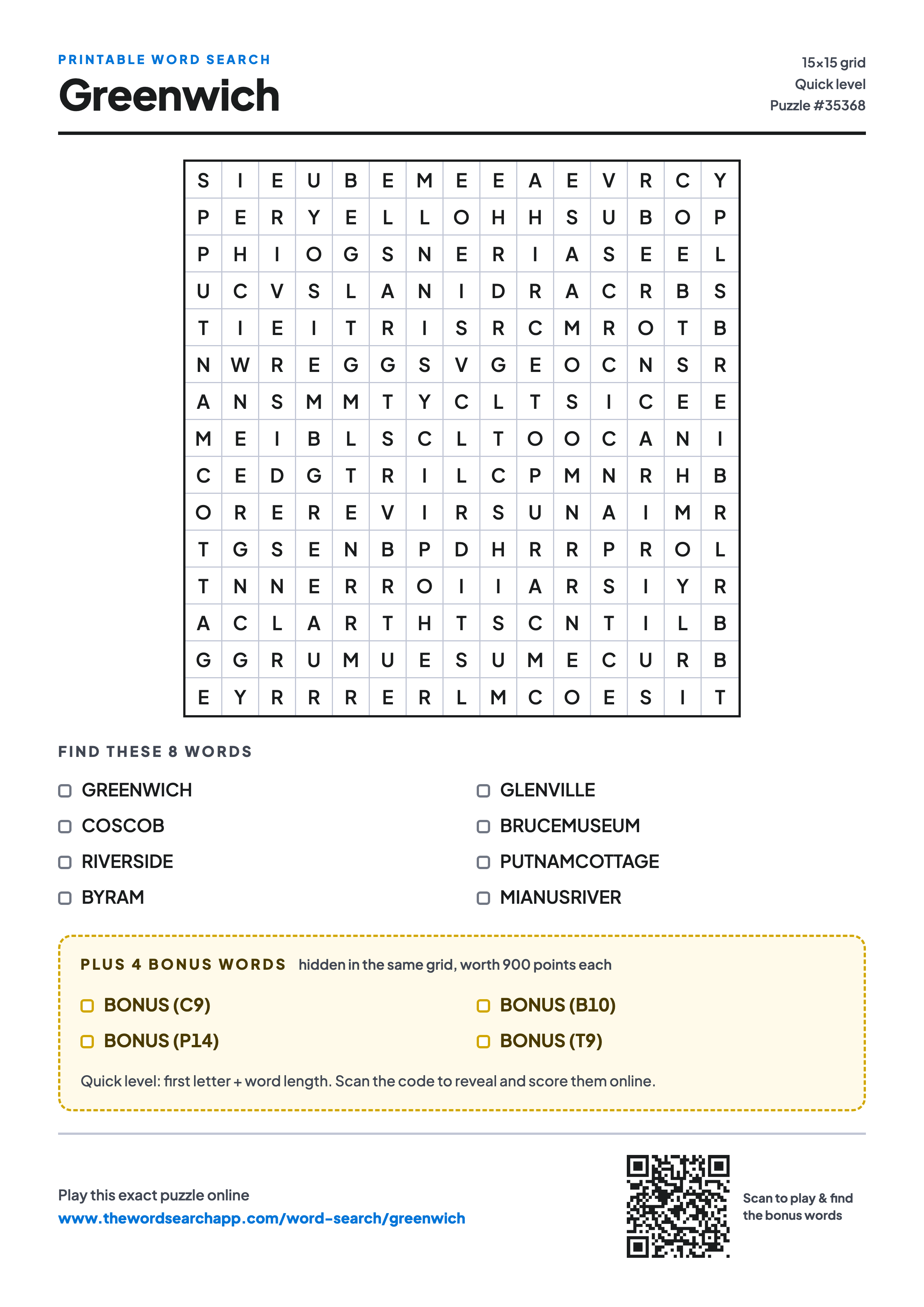 Printable Greenwich word search — 15×15 letter grid with 8 words to find including GREENWICH, COSCOB, RIVERSIDE, plus 4 hidden bonus words