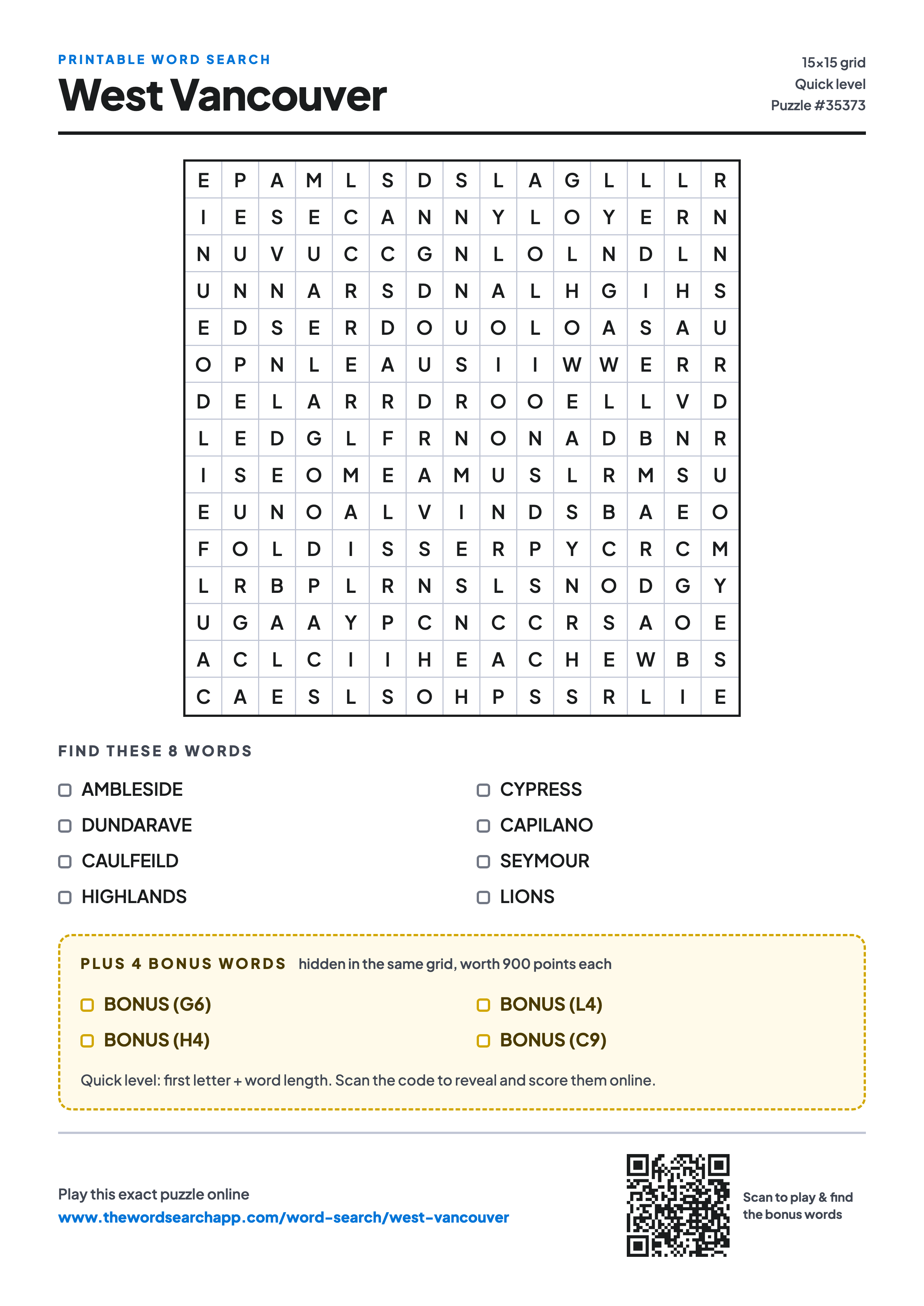Printable West Vancouver word search — 15×15 letter grid with 8 words to find including AMBLESIDE, DUNDARAVE, CAULFEILD, plus 4 hidden bonus words