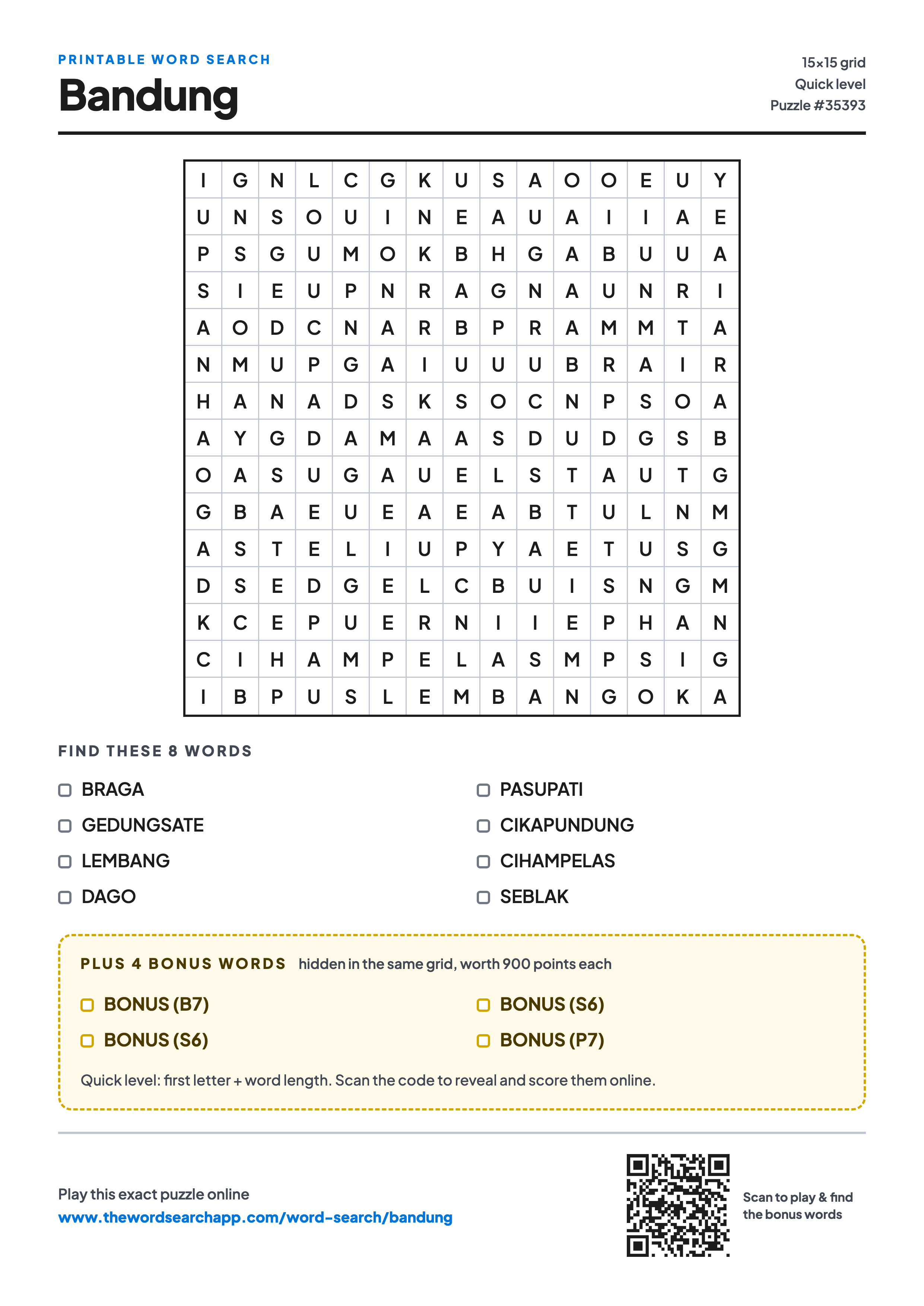 Printable Bandung word search — 15×15 letter grid with 8 words to find including BRAGA, GEDUNGSATE, LEMBANG, plus 4 hidden bonus words
