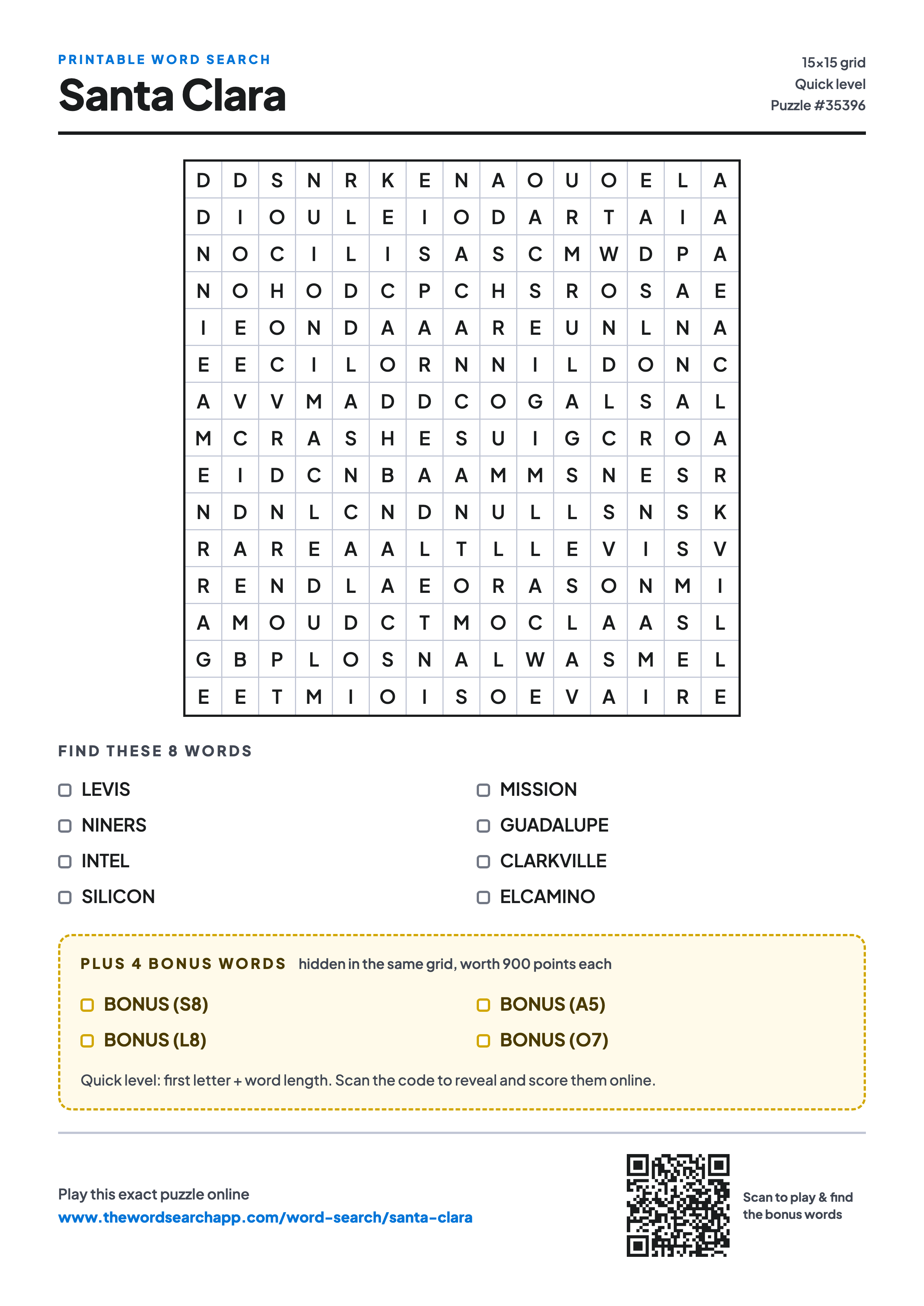 Printable Santa Clara word search — 15×15 letter grid with 8 words to find including LEVIS, NINERS, INTEL, plus 4 hidden bonus words