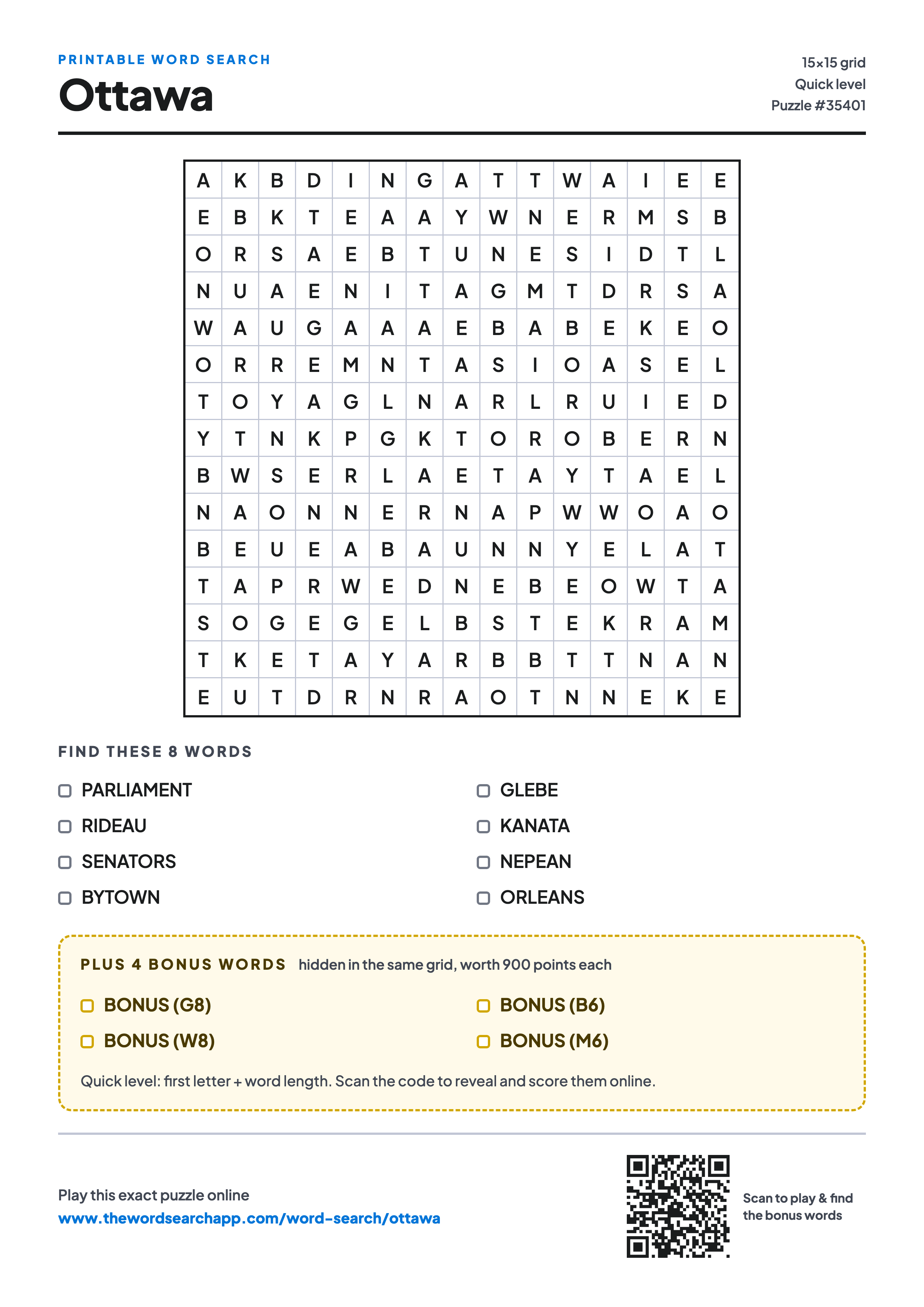 Printable Ottawa word search — 15×15 letter grid with 8 words to find including PARLIAMENT, RIDEAU, SENATORS, plus 4 hidden bonus words
