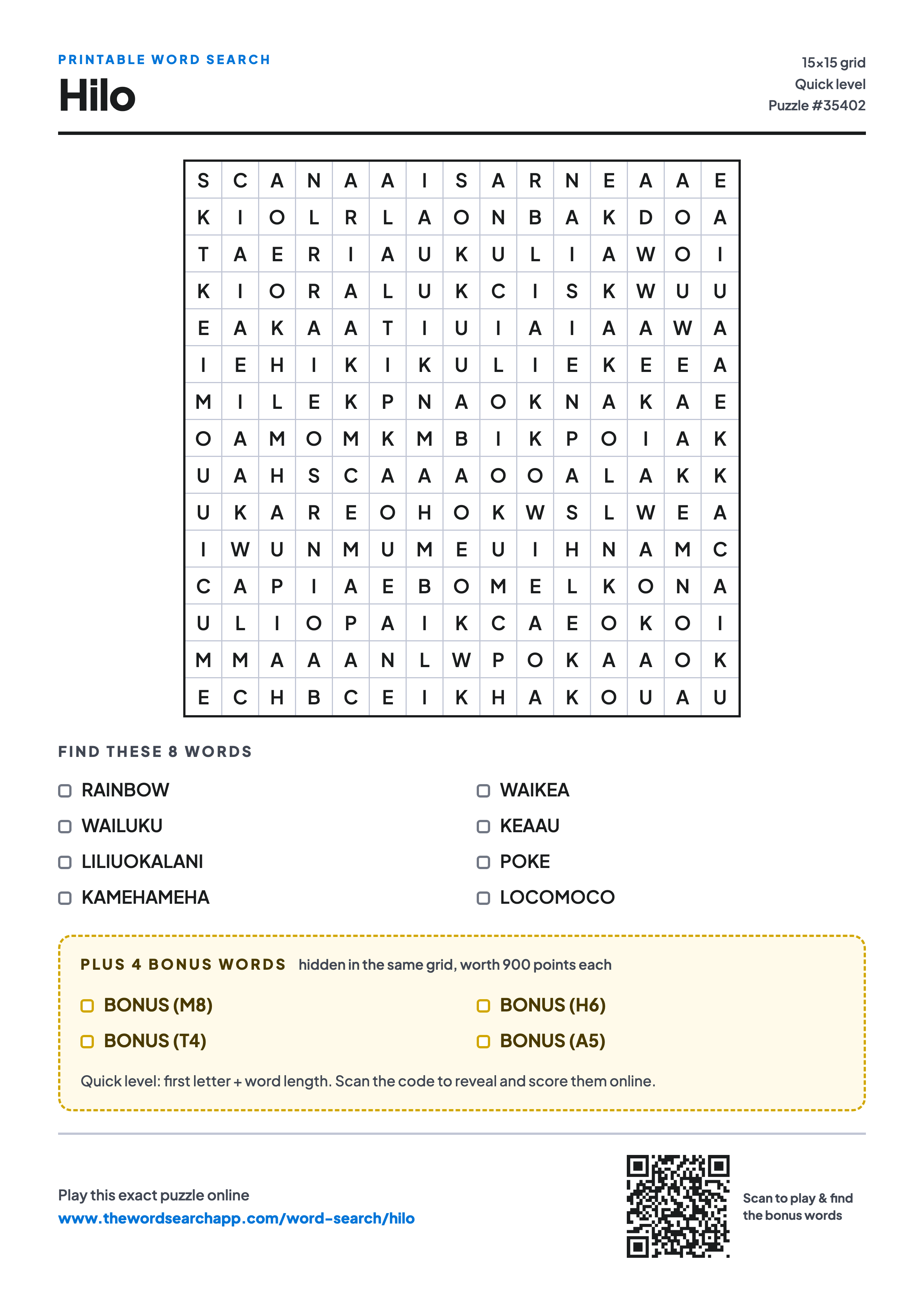 Printable Hilo word search — 15×15 letter grid with 8 words to find including RAINBOW, WAILUKU, LILIUOKALANI, plus 4 hidden bonus words