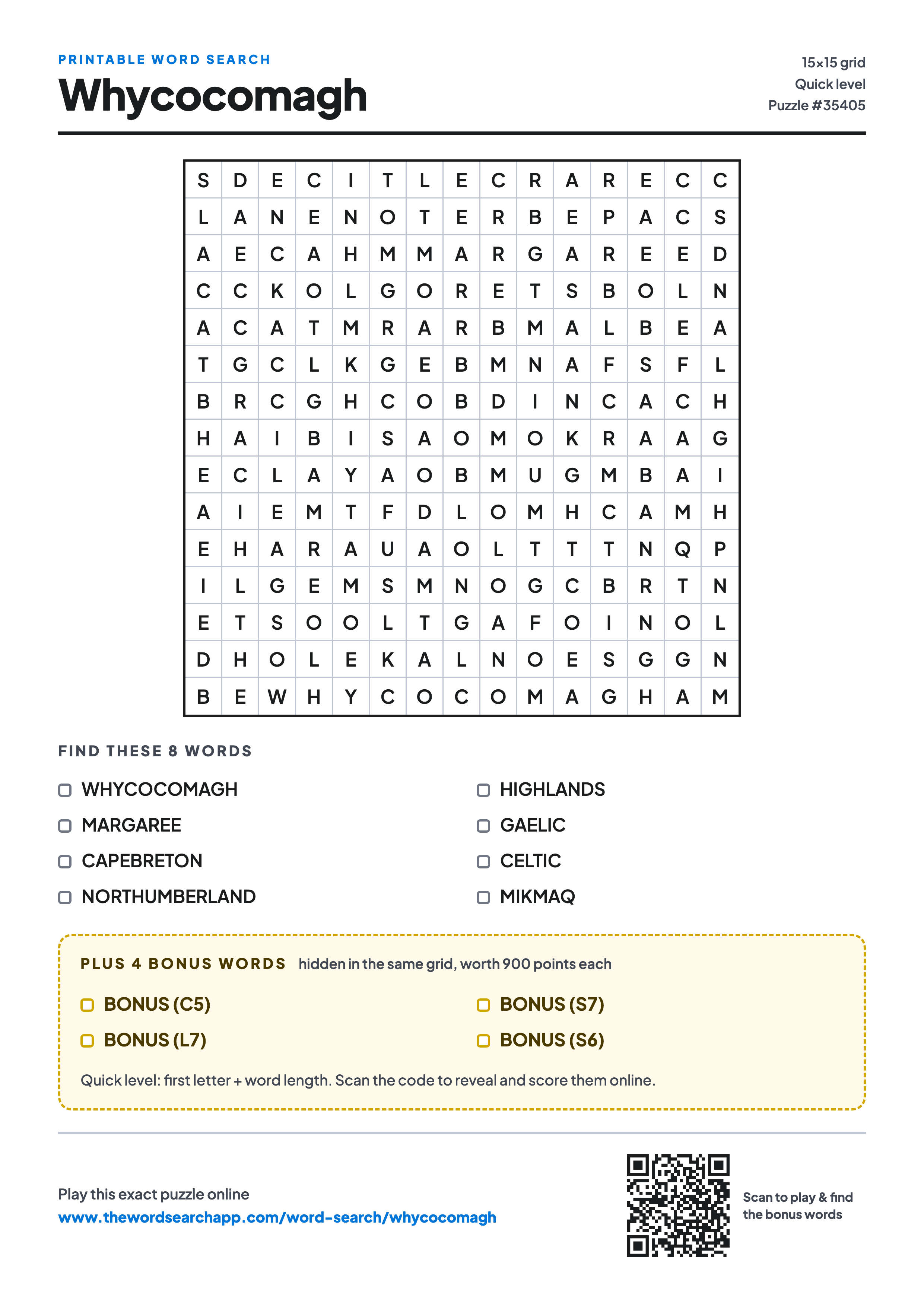 Printable Whycocomagh word search — 15×15 letter grid with 8 words to find including WHYCOCOMAGH, MARGAREE, CAPEBRETON, plus 4 hidden bonus words