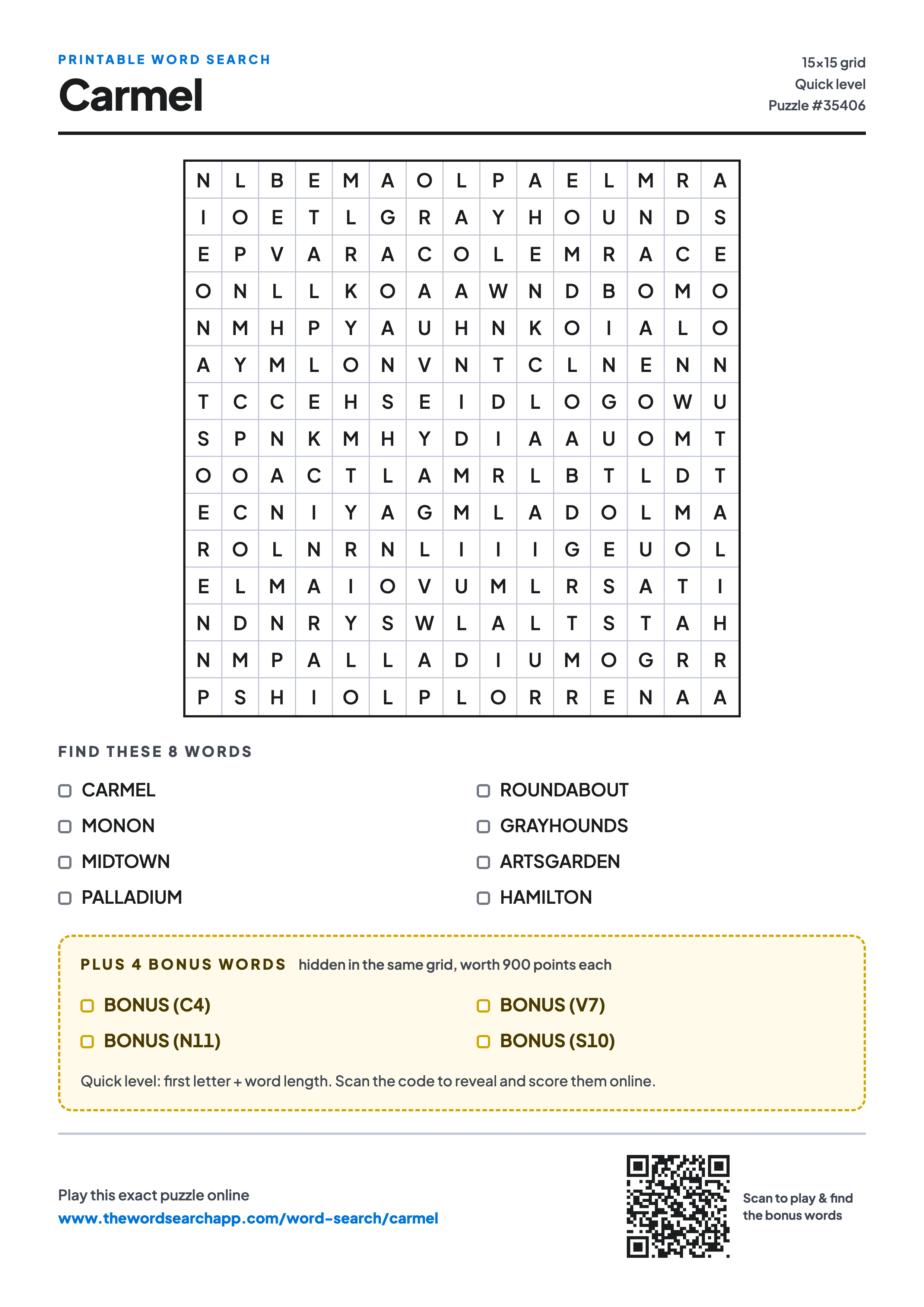 Printable Carmel word search — 15×15 letter grid with 8 words to find including CARMEL, MONON, MIDTOWN, plus 4 hidden bonus words
