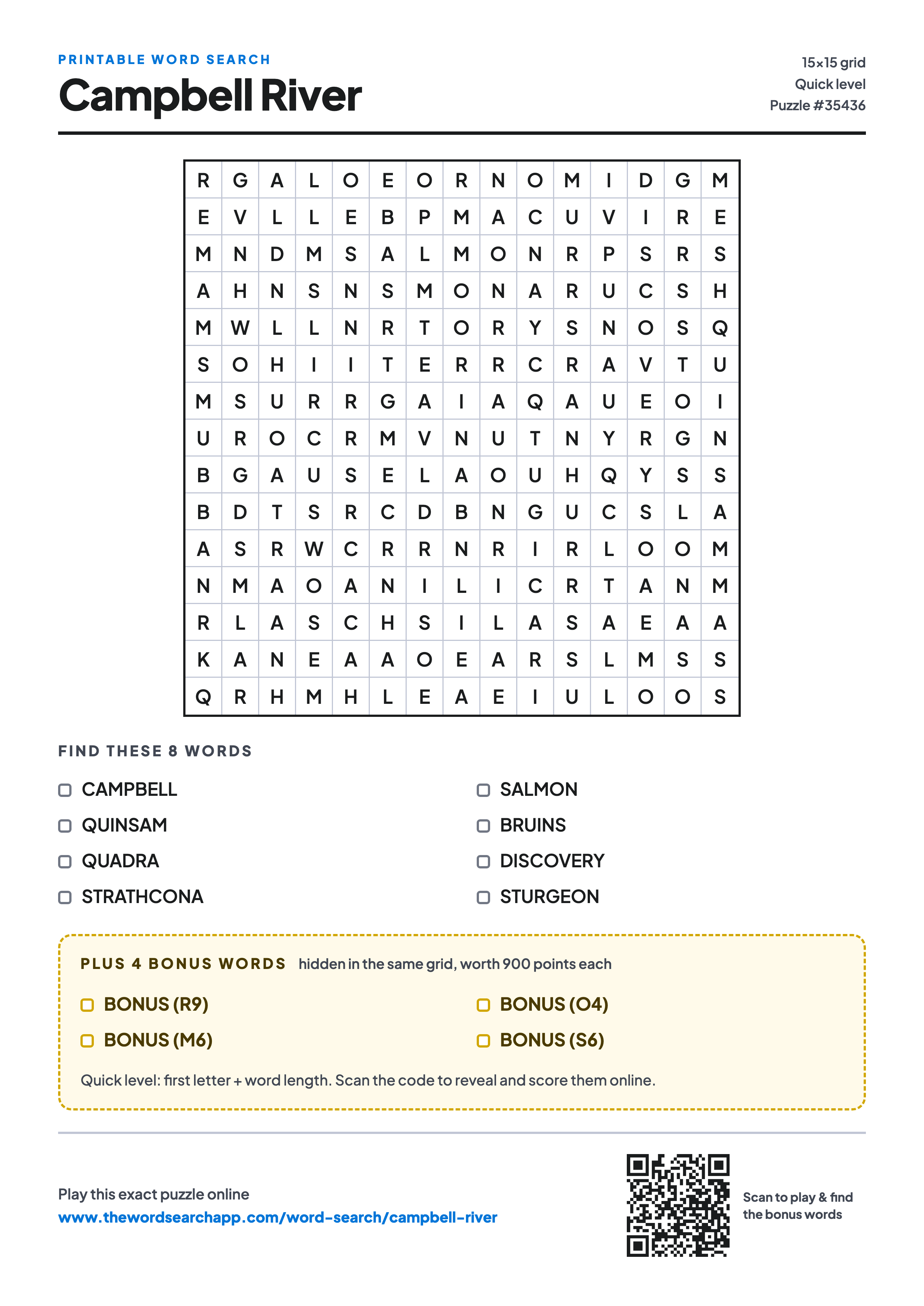 Printable Campbell River word search — 15×15 letter grid with 8 words to find including CAMPBELL, QUINSAM, QUADRA, plus 4 hidden bonus words