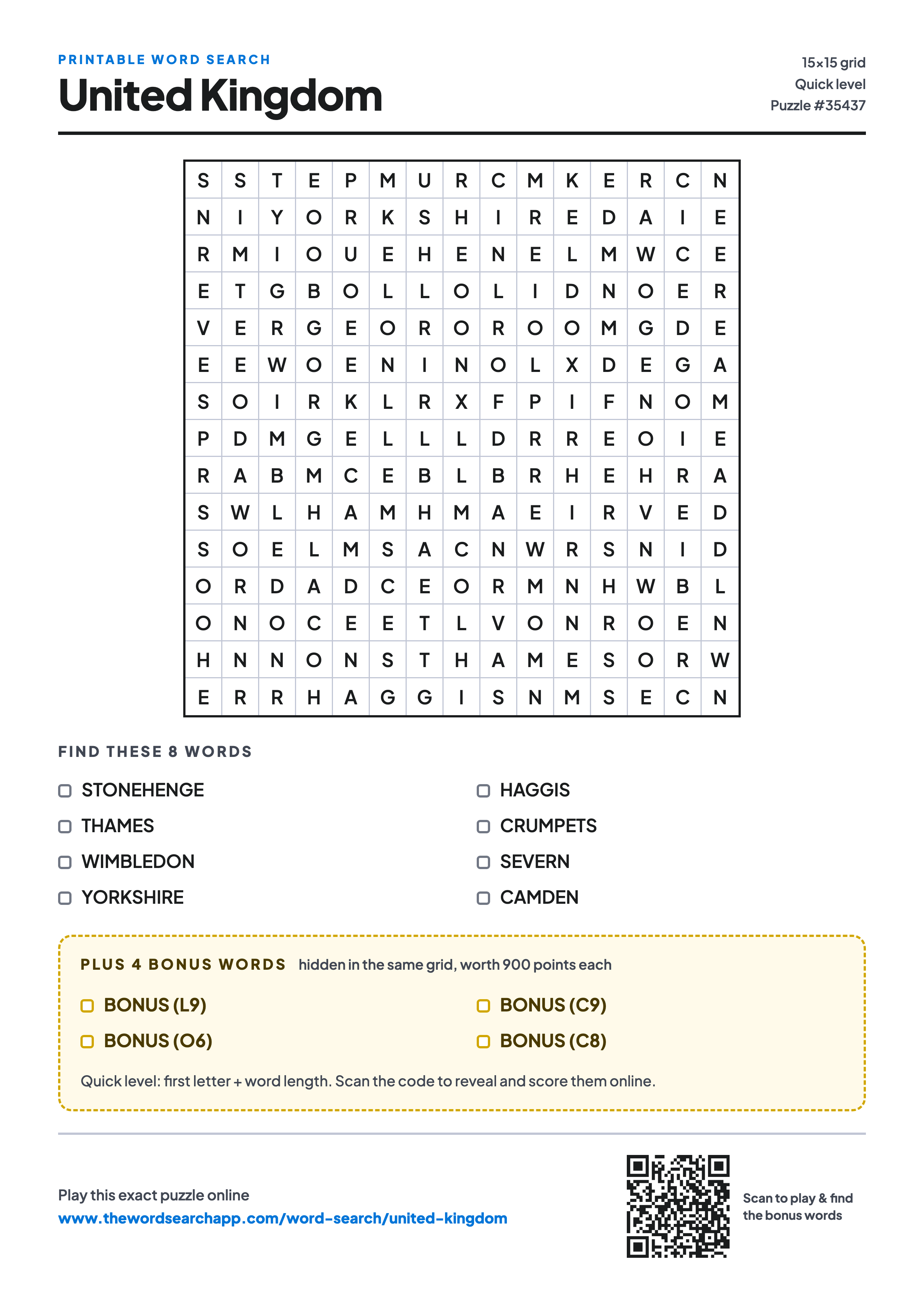 Printable United Kingdom word search — 15×15 letter grid with 8 words to find including STONEHENGE, THAMES, WIMBLEDON, plus 4 hidden bonus words