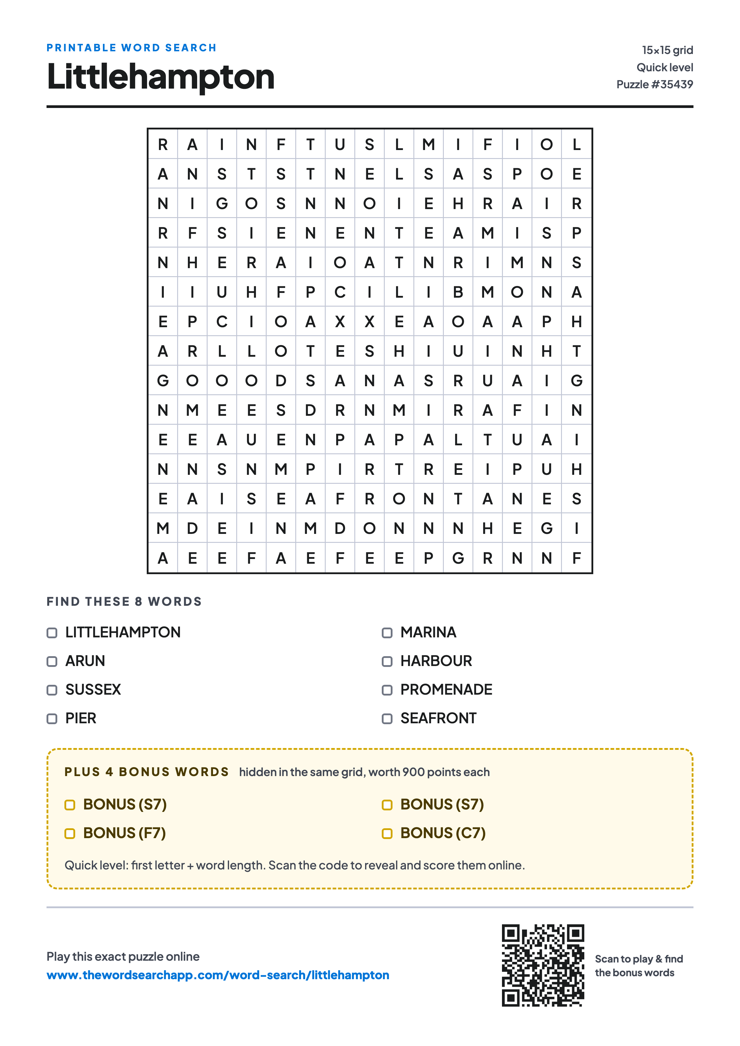Printable Littlehampton word search — 15×15 letter grid with 8 words to find including LITTLEHAMPTON, ARUN, SUSSEX, plus 4 hidden bonus words