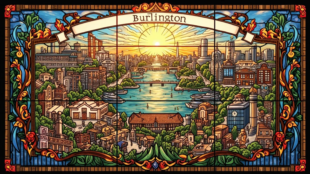 Illustrated Burlington scene — AI-generated artwork behind this city's word search puzzle