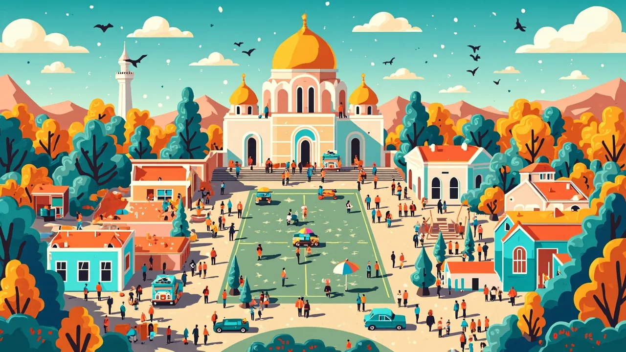 Illustrated Almaty scene — the artwork behind this city's word search puzzle