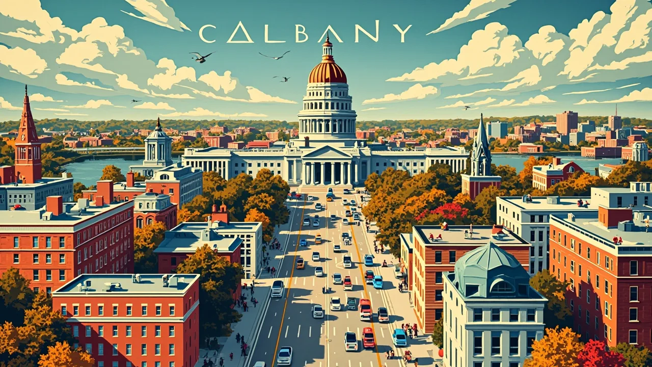 Illustrated Albany scene — the artwork behind this city's word search puzzle