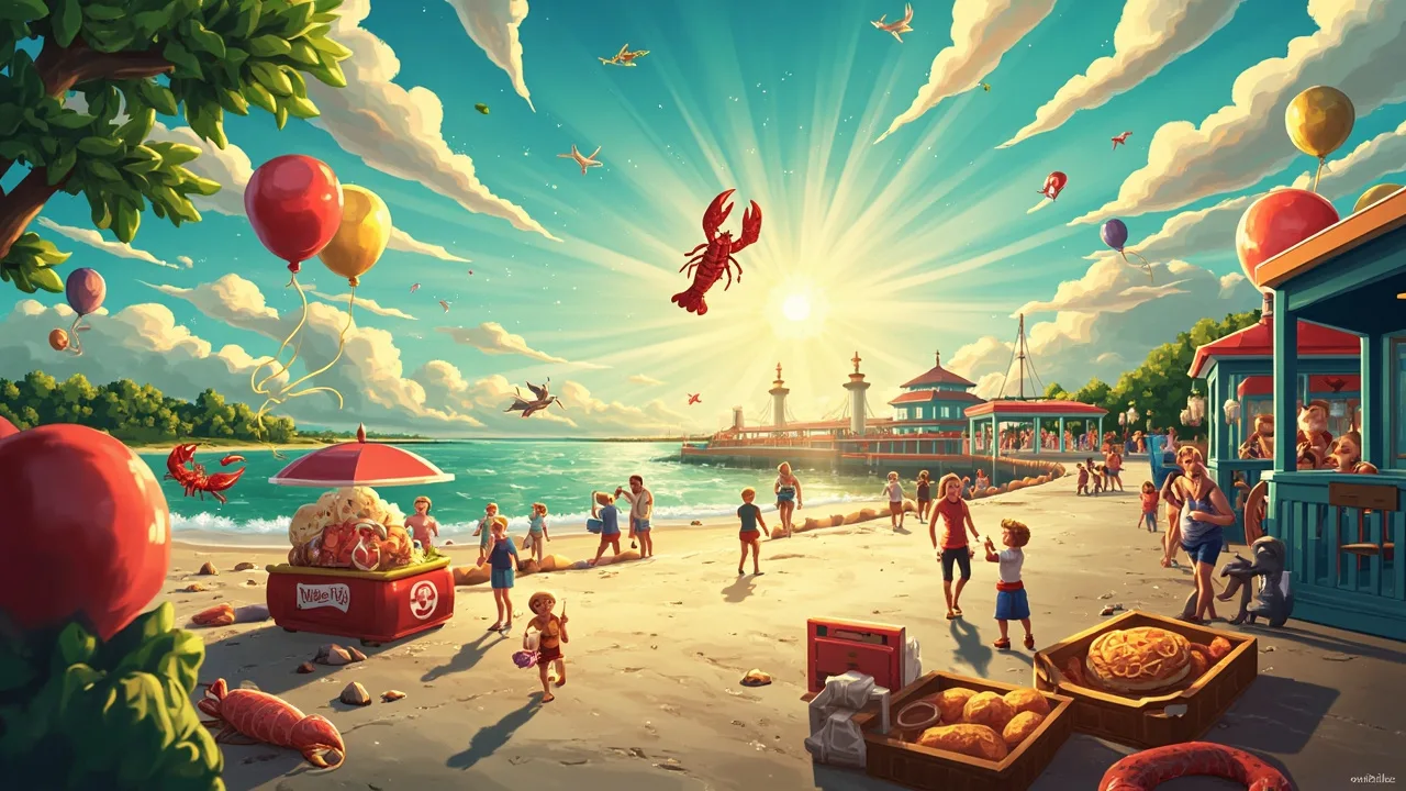 Illustrated Wells Beach Station scene — the artwork behind this city's word search puzzle